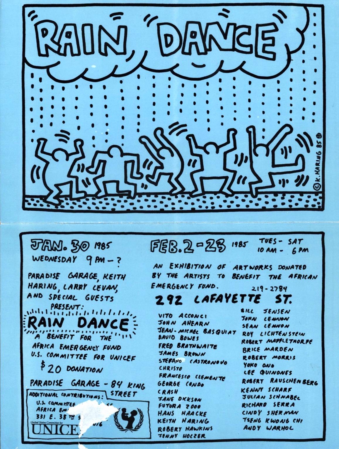 Keith Haring Rain Dance 1985:
RARE original 1980s Keith Haring illustrated poster announcement for a legendary Keith Haring UNICEF benefit party at Larry Levan’s Paradise Garage in 1985. An event organized & curated by Keith Haring; with cohosts