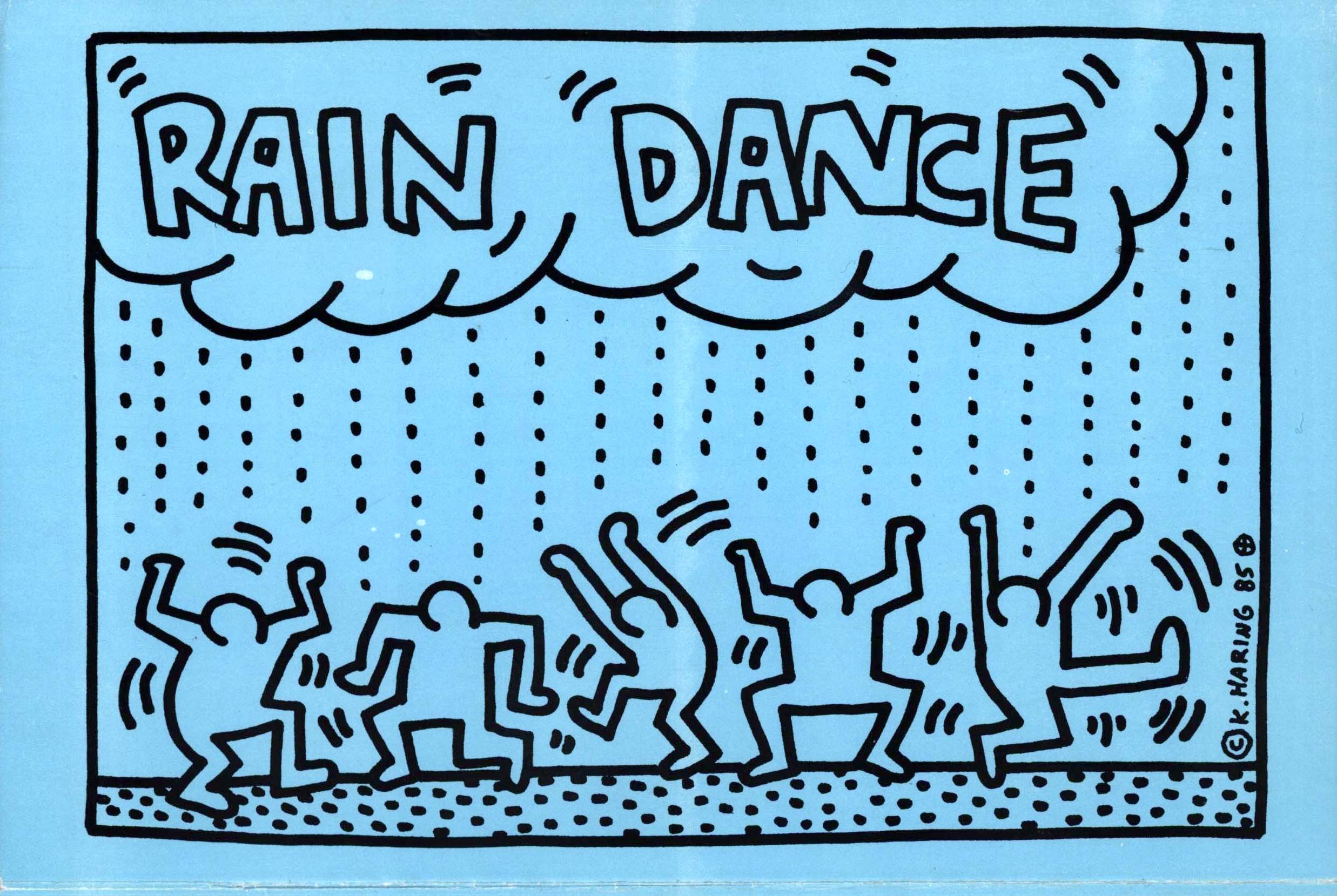 Keith Haring Rain Dance 1985 :
RARE affiche illustrée originale de Keith Haring des années 1980 annonçant une soirée légendaire de Keith Haring au profit de l'UNICEF au Paradise Garage de Larry Levan en 1985. Un événement organisé par Keith Haring,
