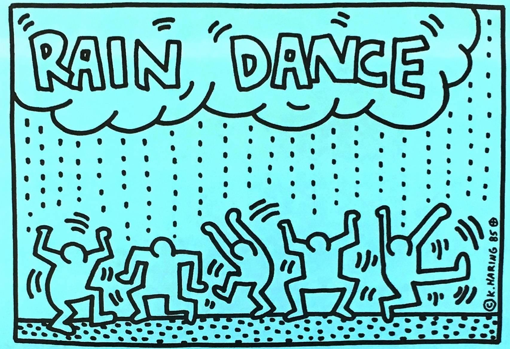 La danse de la pluie de Keith Haring : 
Announcement d'affiche d'origine illustré de Keith Haring pour une fête aux bénéfices de l'UNICEF au légendaire Paradise garage de Larry Levans en 1985. Un événement organisé et organisé par Keith Haring pour