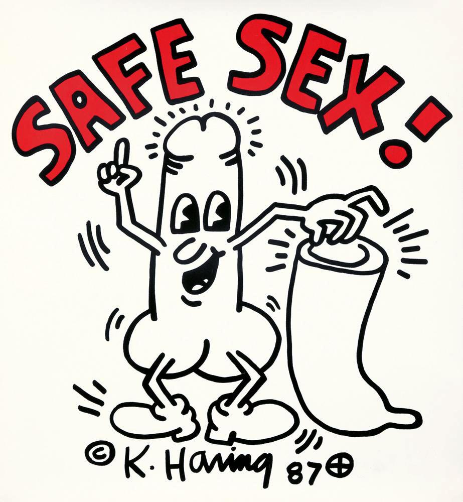 Keith Haring Safe Sex Plakat 1987: 
Eine lustige, witzige, klassische Haring-Illustration, die der Künstler in Verbindung mit seinen zahlreichen Bemühungen um die Aids-Aufklärung geschaffen hat. Ein wichtiges historisches Aktivistenplakat von Keith