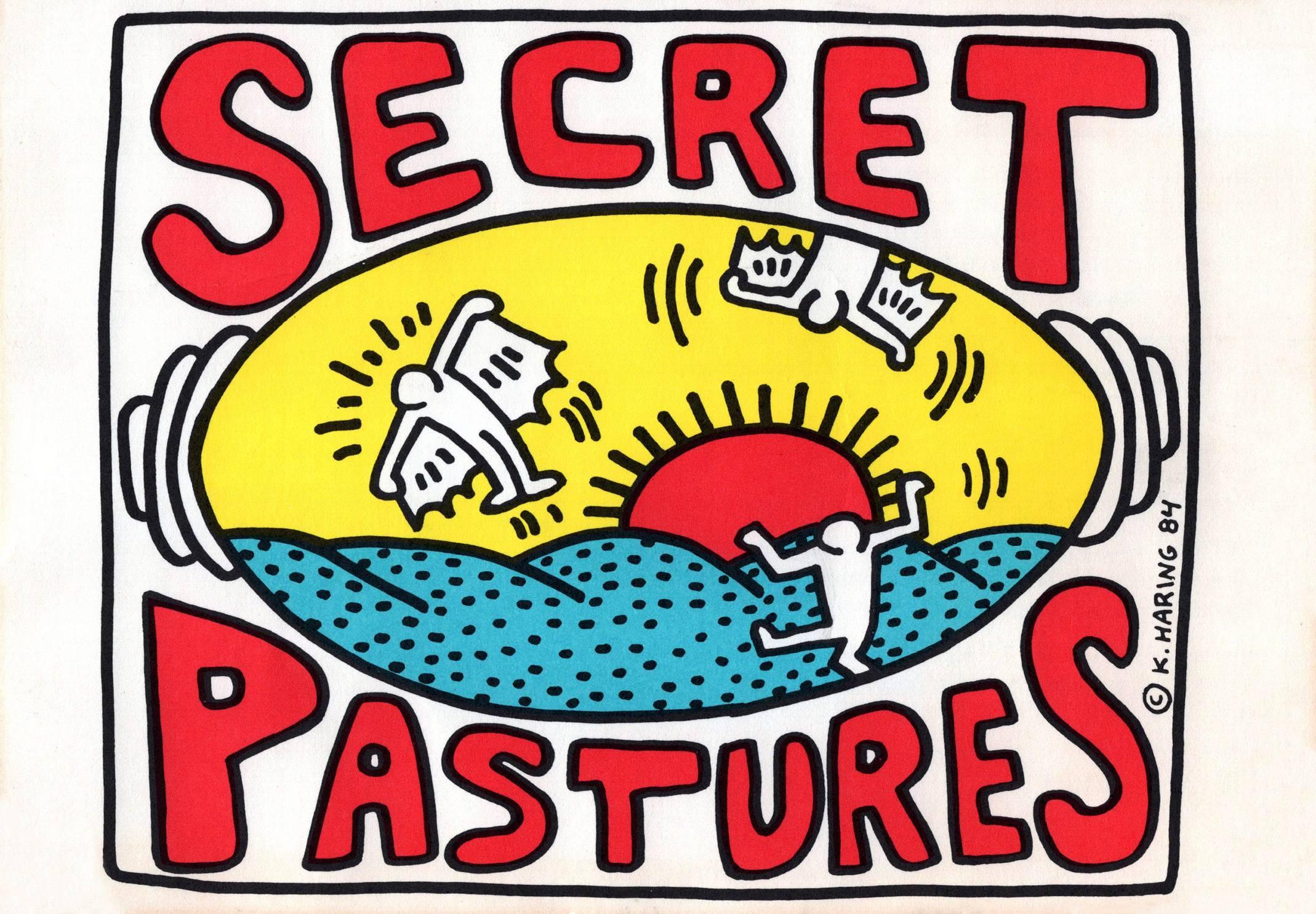 Keith Haring "Secret Pastures" 1984: 
Keith Haring illustrated 1980s oversized announcement card for the historic, "Secret Pastures" show at The Brooklyn Academy of music in 1984. 

Off-set printed announcement. 6 x 8.5 inches.
Some minor signs of