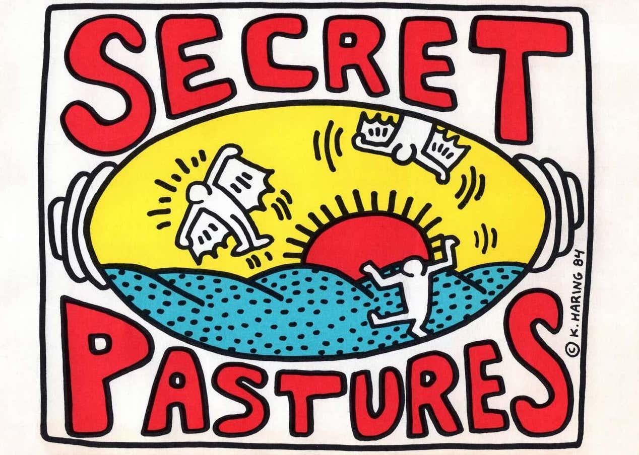 Keith Haring Secret Pastures 1984: 
Keith Haring illustrated oversized announcement for the historic, 