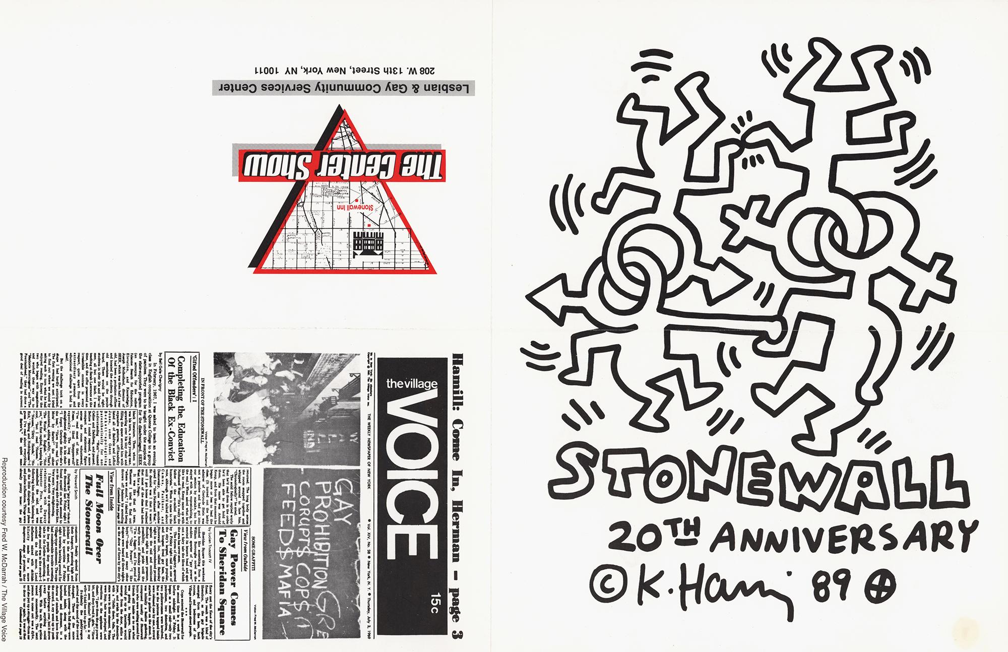 Keith Haring Stonewall 20th Anniversary/The Center Show, New York, NY 1989:

RARE, historic 1980s fold-out poster illustrated by Keith Haring to commemorate the 20th anniversary of the 1969 Stonewall Riots at “The Center” (aka, Lesbian, Gay,