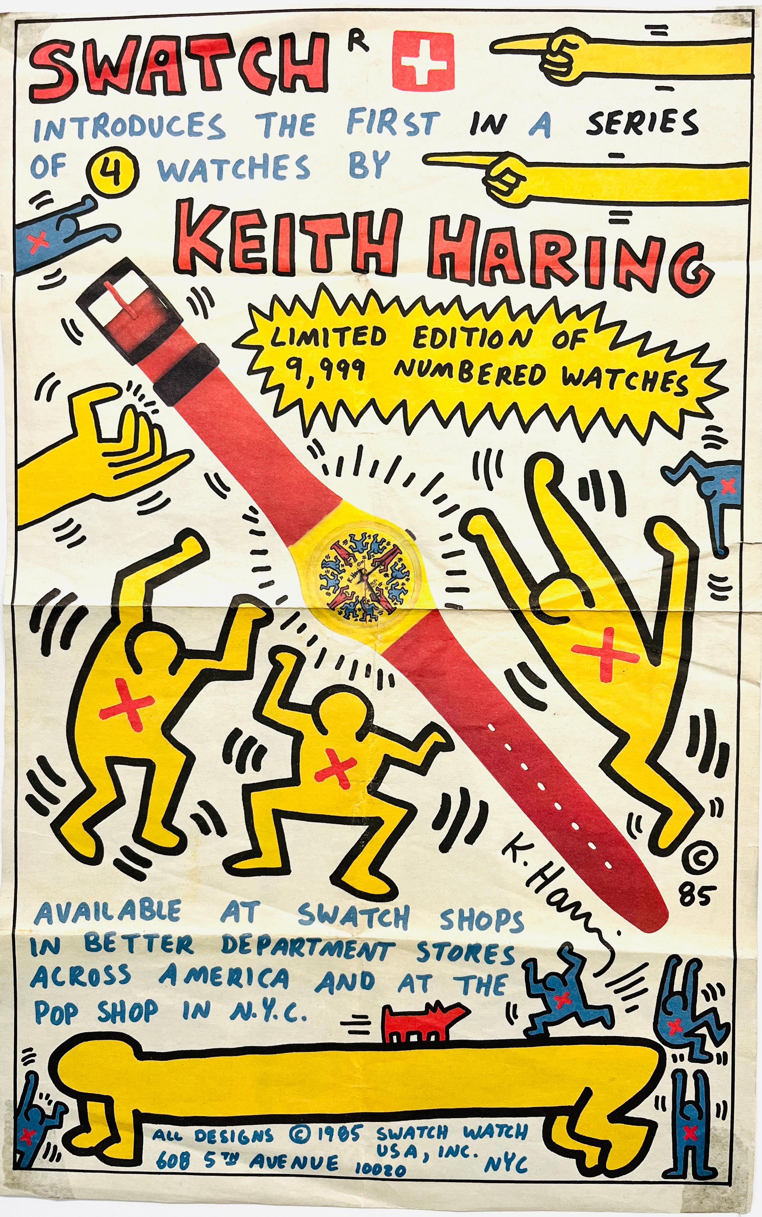 Keith Haring Pop Shop Swatch poster advertisement 1985:

A rare vintage 1980s advertisement designed by Keith Haring to promote the sale of his designs for Swatch at the Keith Haring Pop Shop & Swatch stores.

Offset printed advertisement on