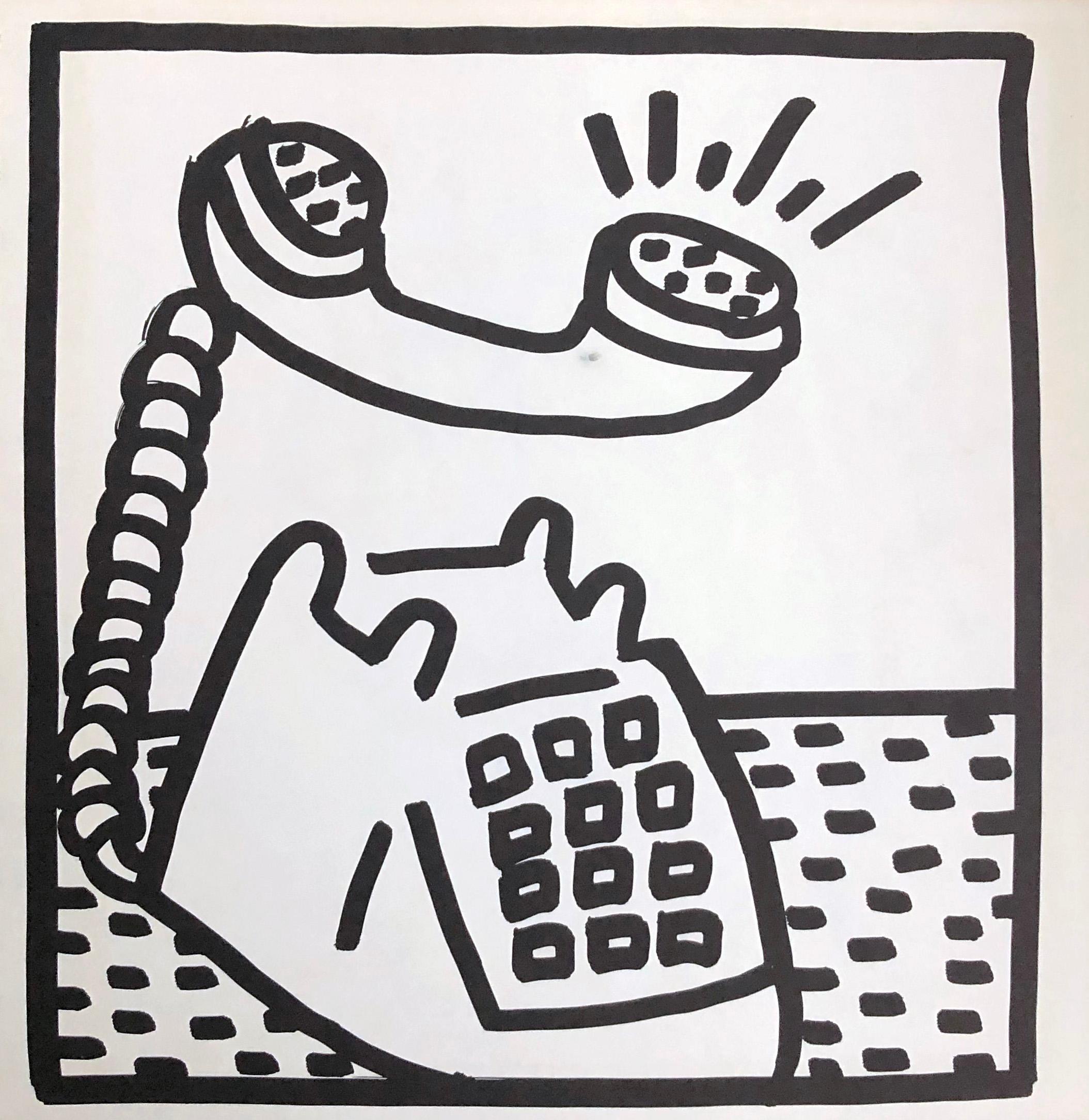 Keith Haring (untitled) Telephone Lithograph 1982
Double-sided offset lithograph published by Tony Shafrazi Gallery, New York, 1982 from an edition of 2000. 

Single sheet lithograph from the seminal spiral bound, early monograph showcasing Haring's