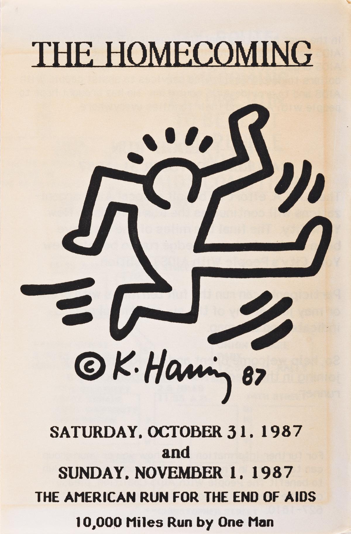 Keith Haring Il ritorno a casa 1987:
RARO annuncio pieghevole disegnato da Haring nel 1987 per promuovere la "Corsa americana per la fine dell'Aids". Un raro e storico pezzo da collezione dell'attivista Keith Haring che raramente si trova sul