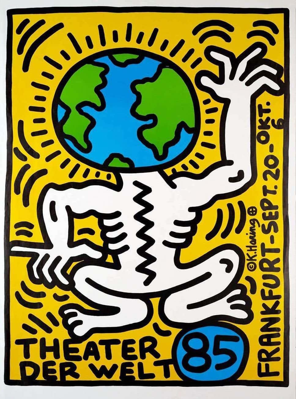 Keith Haring, Theater der Welt Lithograph, Frankfurt, Germany 1985:
Original 1st printing produced during Haring's lifetime. Bold, stand-out colors that make for brilliant, largely sized Keith Haring wall art within reach. 

Silkscreen in black,