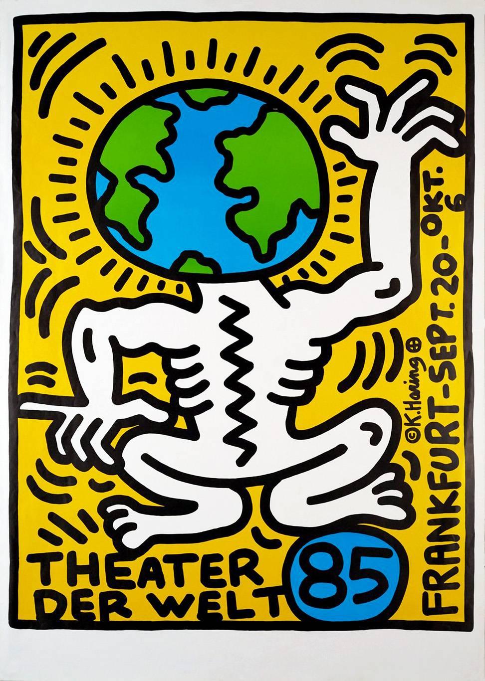 Keith Haring, Theater der Welt Lithographie, Frankfurt, Deutschland 1985:
Original 1. Druck, der zu Lebzeiten von Haring hergestellt wurde. Kräftige, auffällige Farben, die für brillante, großformatige Keith-Haring-Wandkunst in Reichweite sorgen.