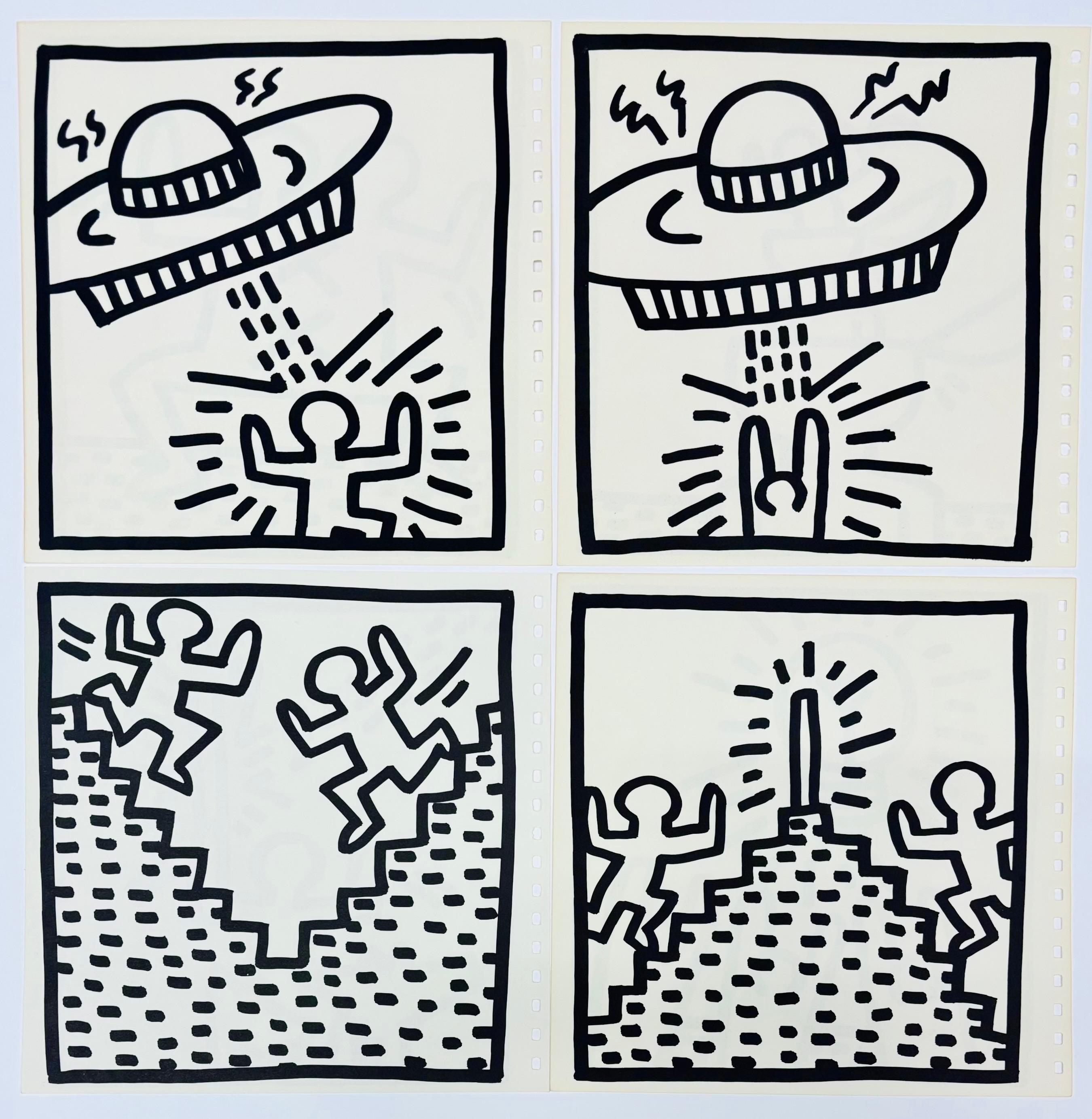 Keith Haring Tony Shafrazi 1982 : ensemble de 6 œuvres imprimées :
Un ensemble de six encarts lithographiques individuels, recto-verso, tirés du catalogue Keith Haring Tony Shafrazi de 1982, qui explore l'émergence de Haring sur la scène artistique