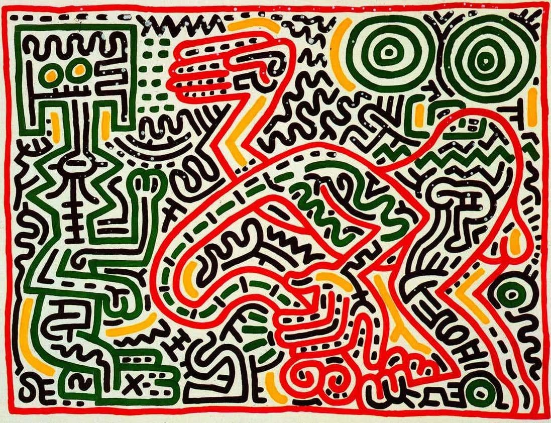 Keith Haring Tony Shafrazi gallery c.1984:
Original 1980s Keith Haring holiday card from Tony Shafrazi gallery. Interior reads “Season’s Greetings” in green ink. Front image: Keith Haring 'Untitled,' 1984.

Offset illustrated gallery announcement;