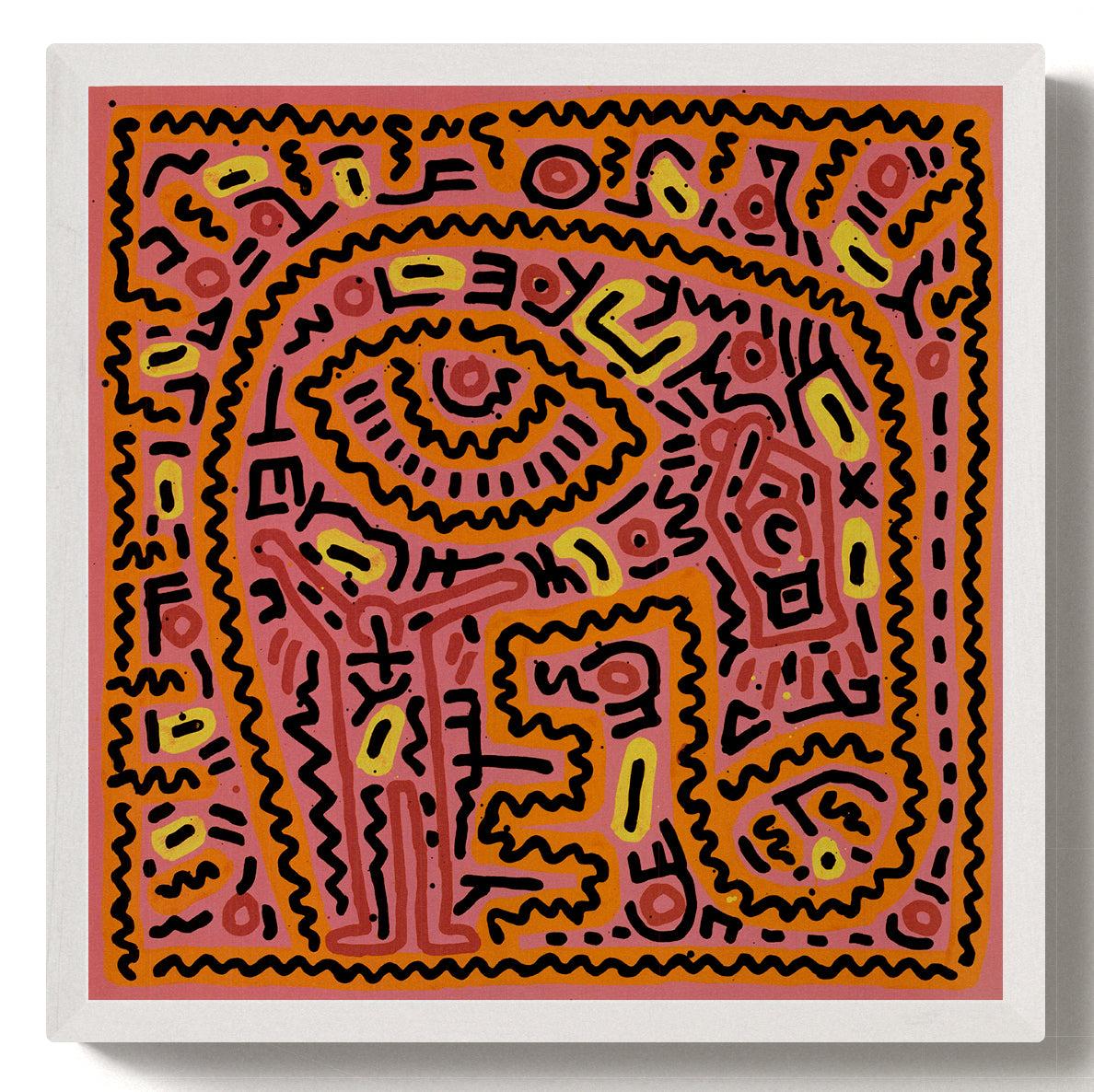 Untitled by Keith Haring, published and printed by te Neues Verlag, Germany, is elegantly framed in a white wood frame with a 1.125-inch front profile and a 0.75-inch side profile, offering a clean, modern look. The overall dimensions are
