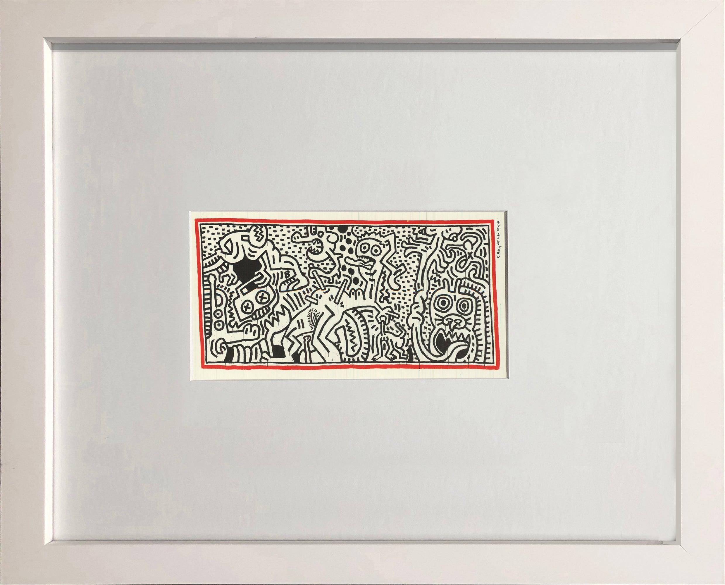 Vintage offset lithograph postcard published by te Neues Publishing Company, New York, and printed in Germany in early 1984 during Keith Haring’s lifetime. Professionally framed in white wood and ready to hang, this piece is a fine example of