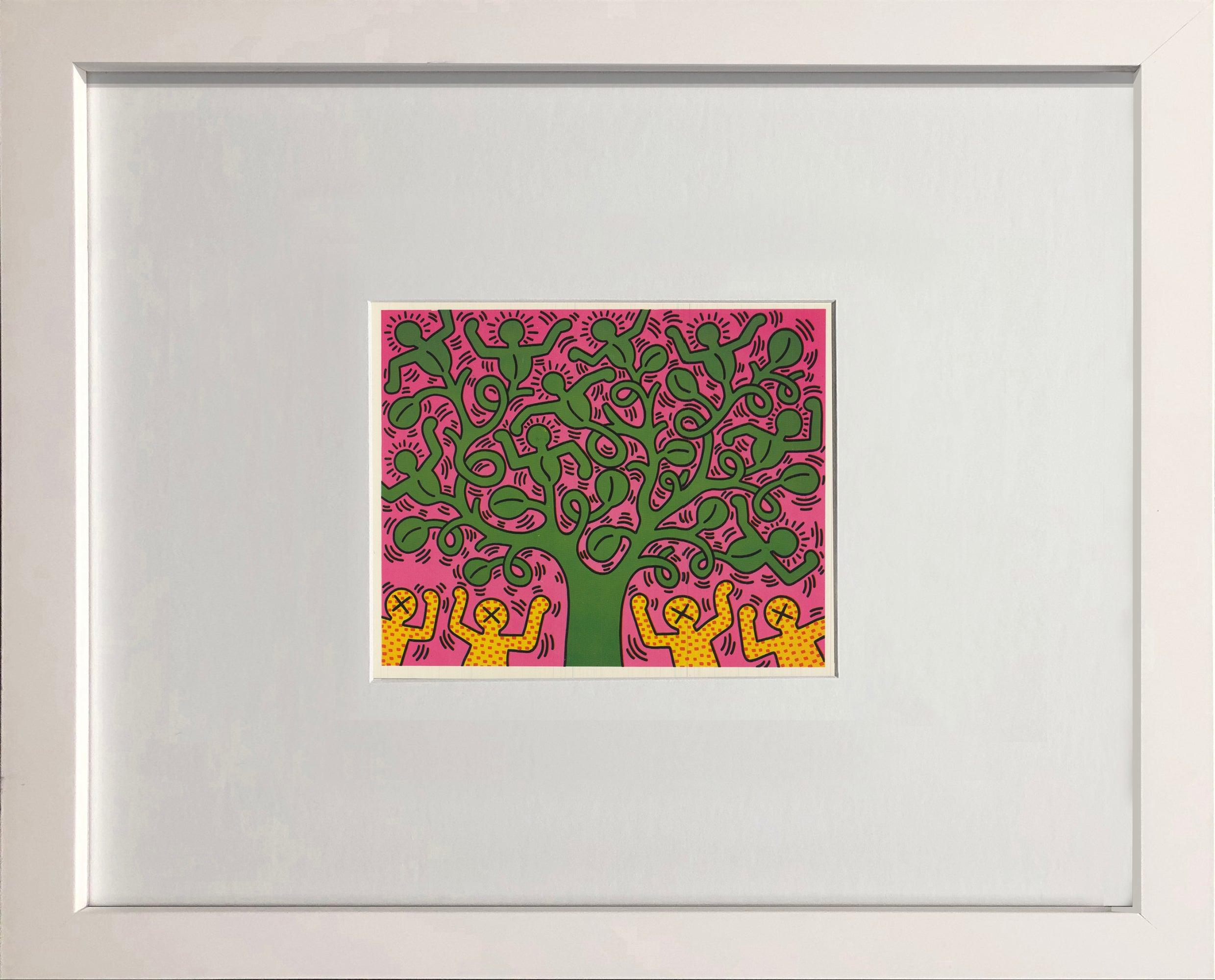 Vintage offset lithograph postcard of an untitled work by Keith Haring, published in 1993 by the Neues Publishing Company in New York and printed in Germany. Haring’s works from this period often explore themes of love and unity, using simple yet