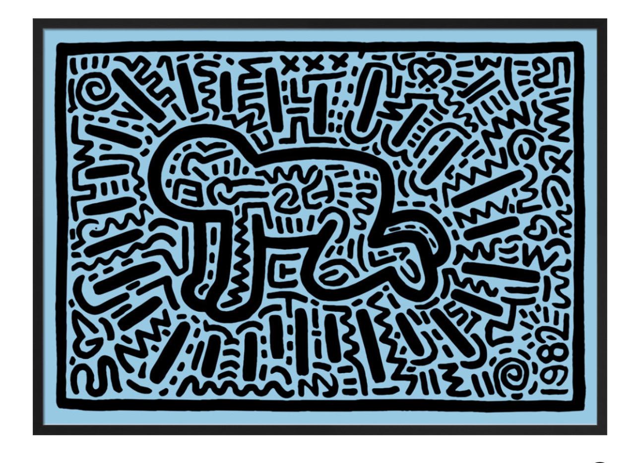 Keith Haring, Ohne Titel (Baby) (gerahmt) 

Mattes 250gsm-Konservierungspapier. Ein hochwertiges Papier, das in Deutschland aus säure- und chlorfreiem Zellstoff hergestellt wird. Das Papier wird auf einer Langsiebmaschine hergestellt, einem
