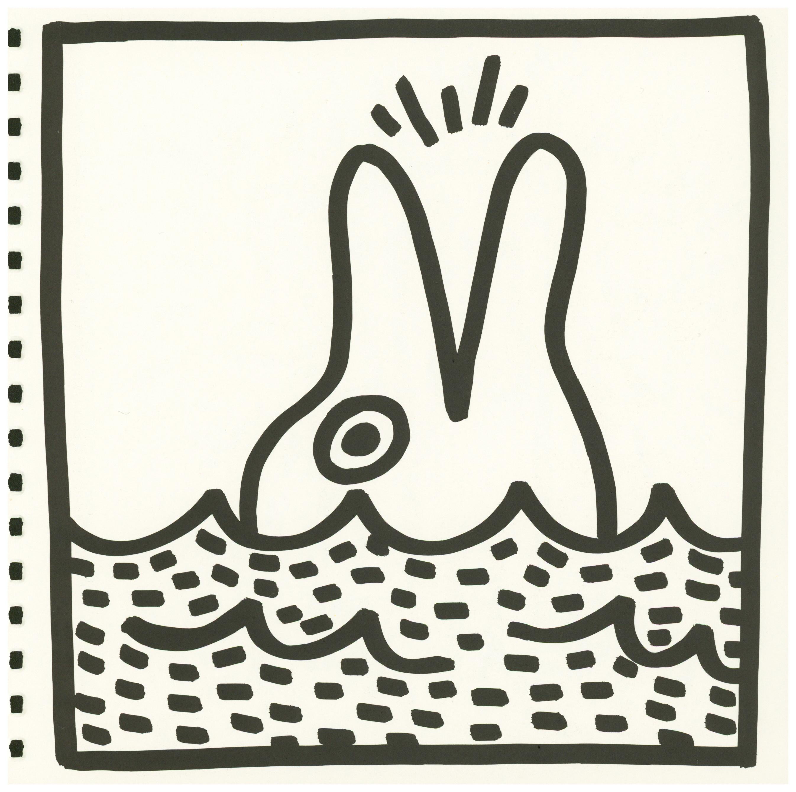 Keith Haring (ohne Titel) Delphin-Lithographie 1982:
Doppelseitige lithografische Beilage aus dem bahnbrechenden, spiralgebundenen Ausstellungskatalog der Galerie Tony Shafrazi von 1982, der anlässlich der ersten Einzelausstellung von Keith Haring