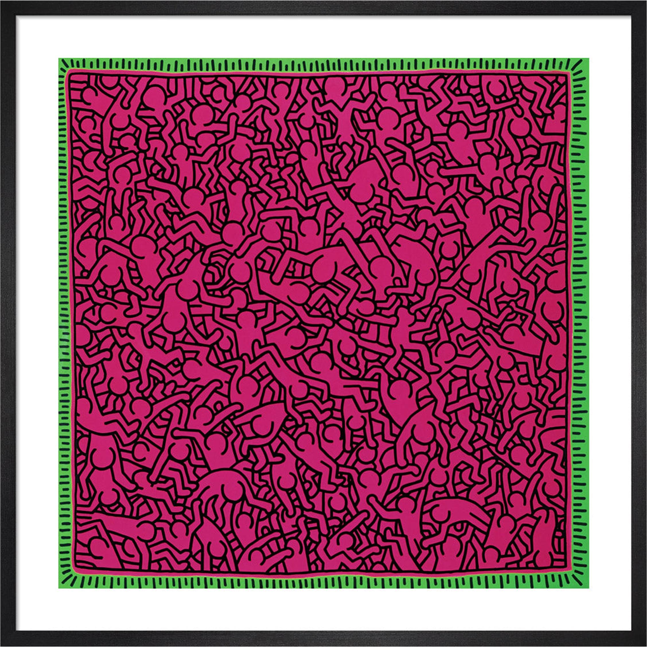 Cette impression présente une reproduction de Untitled (1984) de Keith Haring, un artiste mondialement connu. Figure emblématique de la scène artistique de l'East Village à New York dans les années 1980, Keith Haring a développé un vocabulaire