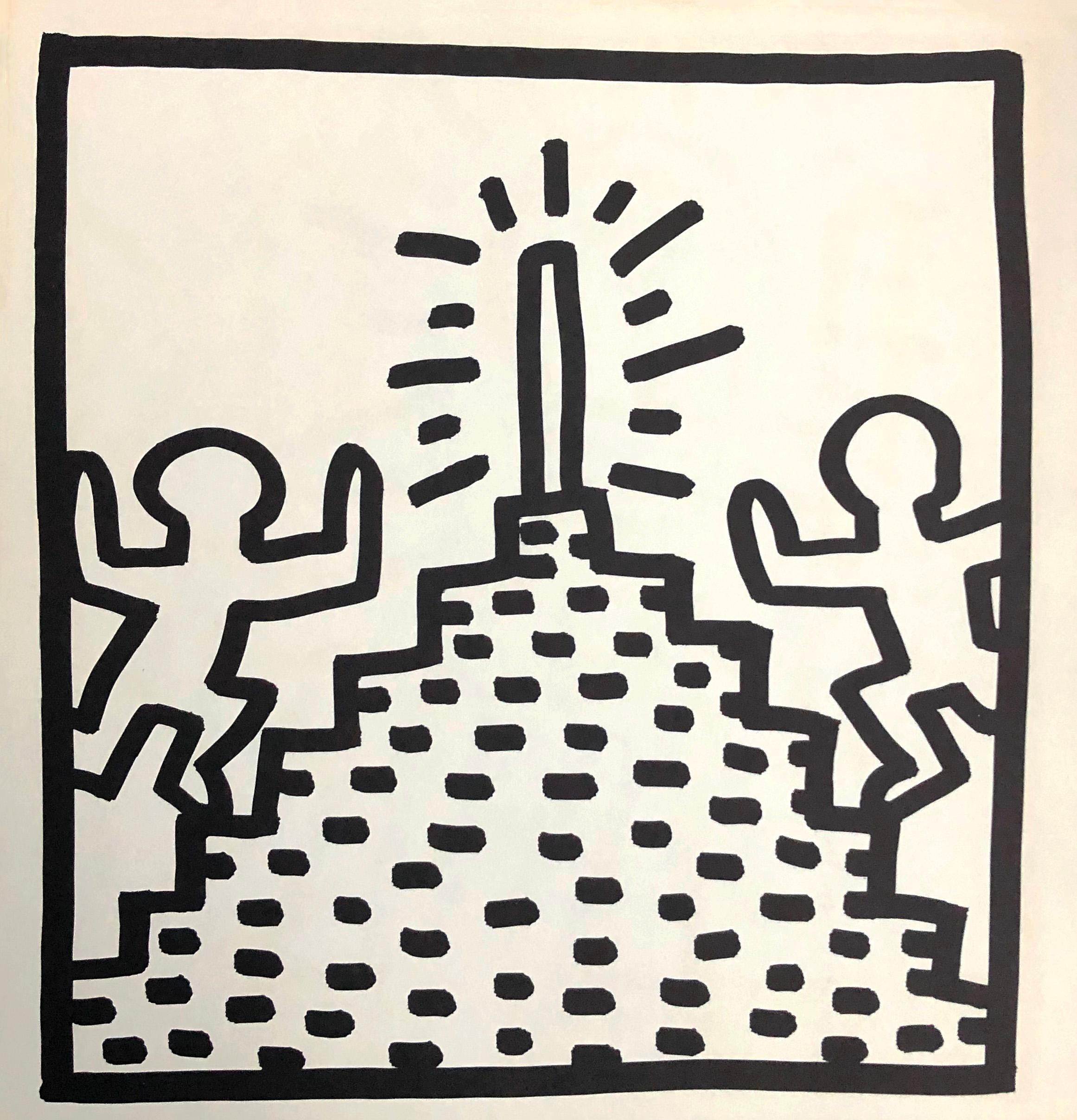 Keith Haring (untitled) Pyramid Lithograph, 1982
Double-sided offset lithograph published by Tony Shafrazi Gallery, New York, 1982 from an edition of 2000. 

Single sheet lithograph from the seminal spiral bound, early monograph showcasing Haring's