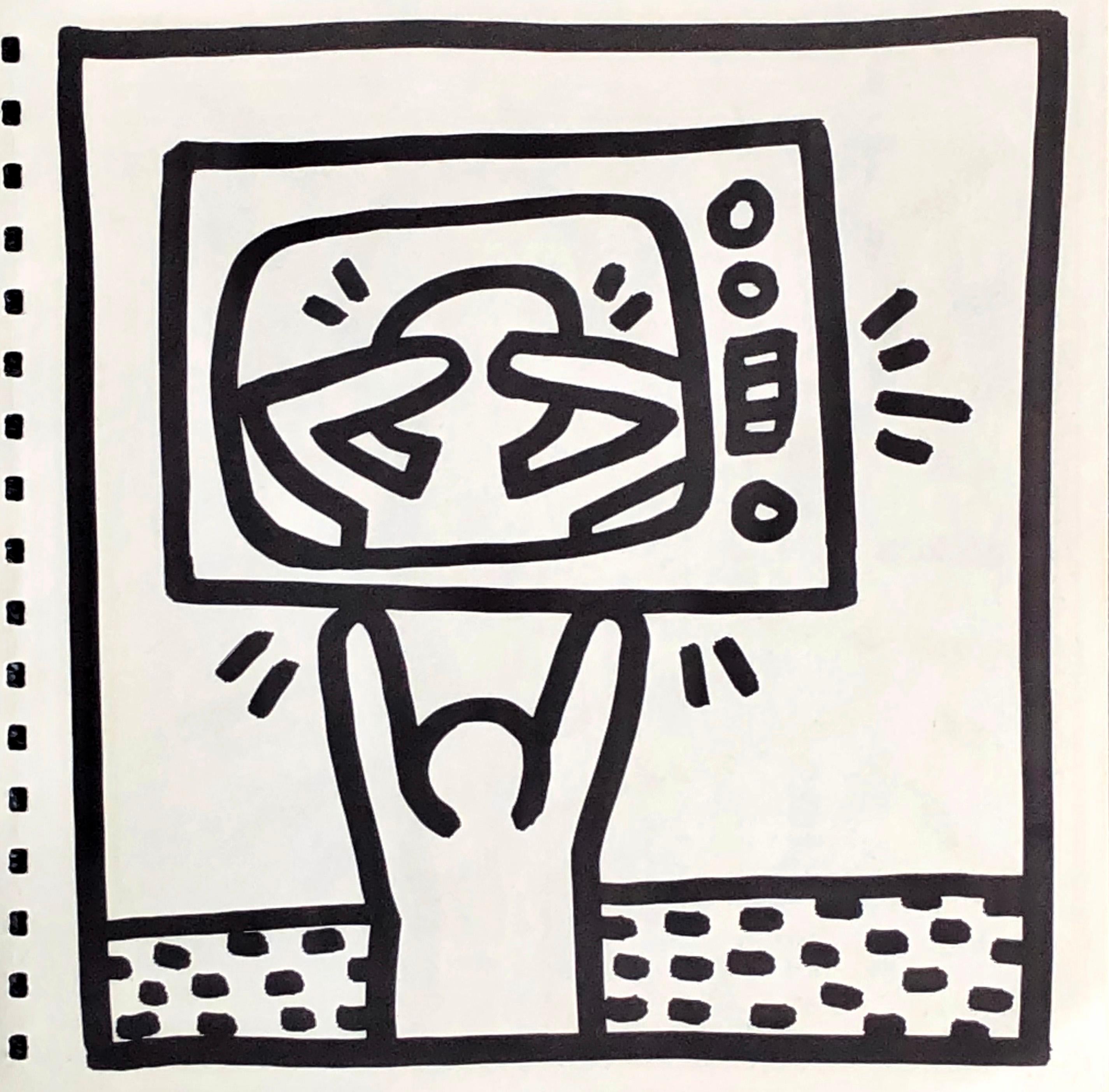 Keith Haring (untitled) TV Lithograph 1982
Double-sided offset lithograph published by Tony Shafrazi Gallery, New York, 1982 from an edition of 2000. 

Single sheet lithograph from the seminal spiral bound, early monograph showcasing Haring's work.