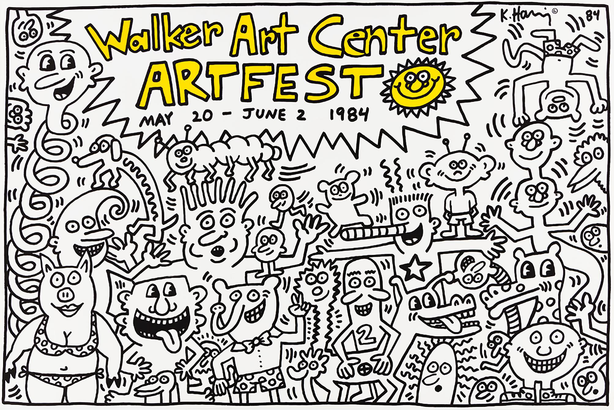 Keith Haring Walker Art Center Artfest 1984 :
"En mars 1984, Haring avait réalisé une peinture murale pour le nouveau centre éducatif du Walker Art Center alors qu'il était artiste en résidence à Minneapolis. Il a donné des cours de peinture aux