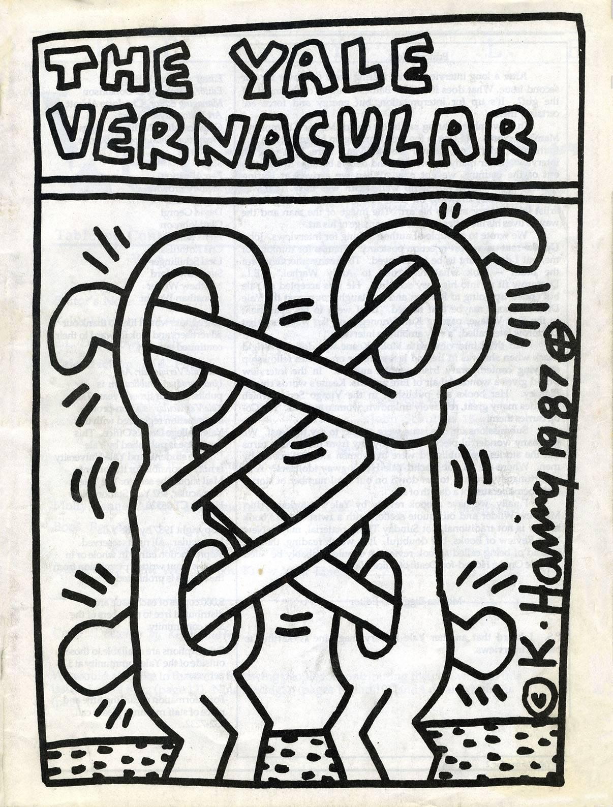 Keith Haring 1987:
The Yale Vernacular 1987, mit dem klassischen Titelbild von Keith Haring. Ein seltenes, herausragendes Sammlerstück von Keith Haring aus den 1980er Jahren, das gerahmt fantastisch aussehen würde. Mit einer auffälligen Unterschrift