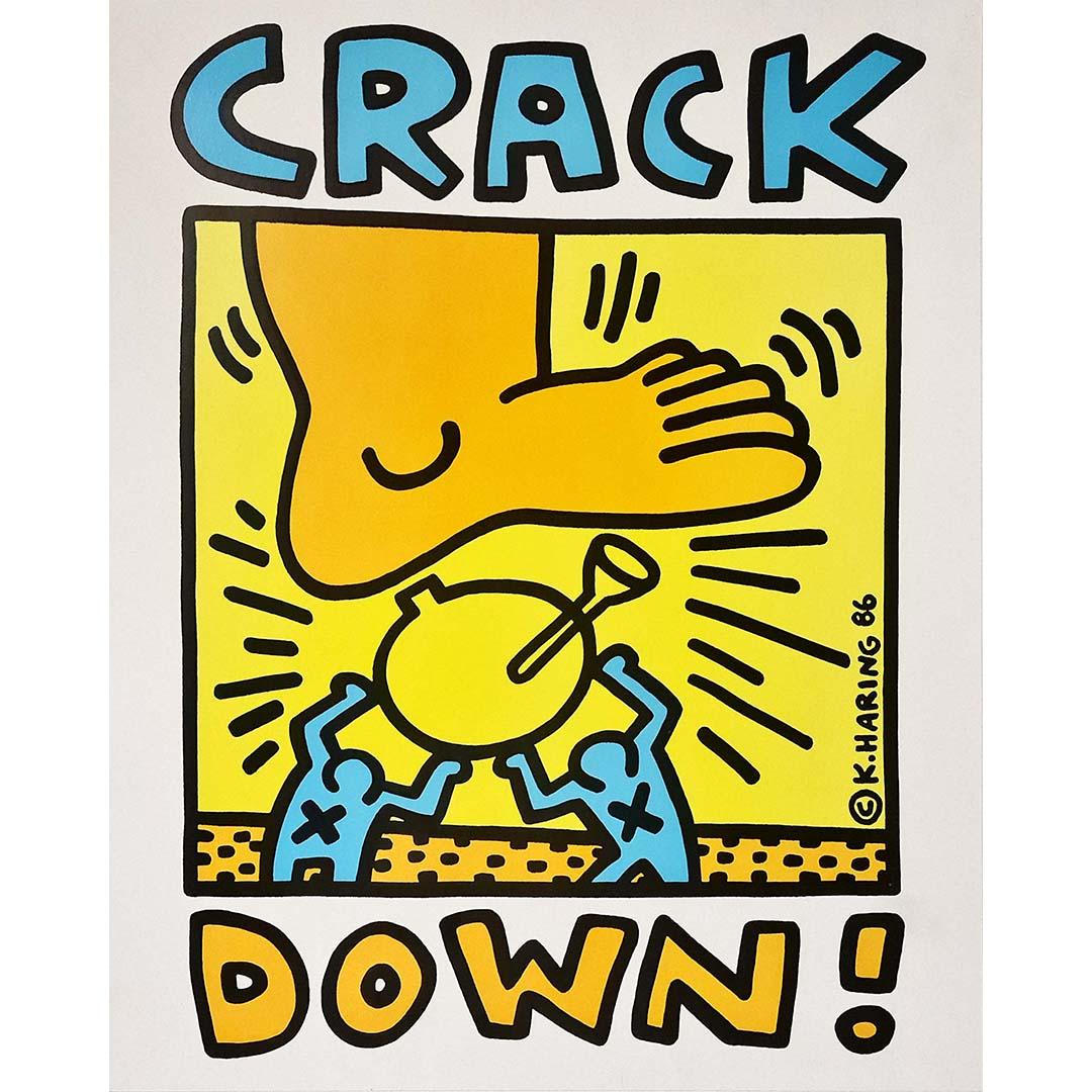 Keith Haring's original poster for "Crack Down!" in 1986 is a powerful artistic statement against the growing drug crisis, particularly that of crack cocaine, which plagued some urban communities in the USA at the time. Haring, an iconic artist of