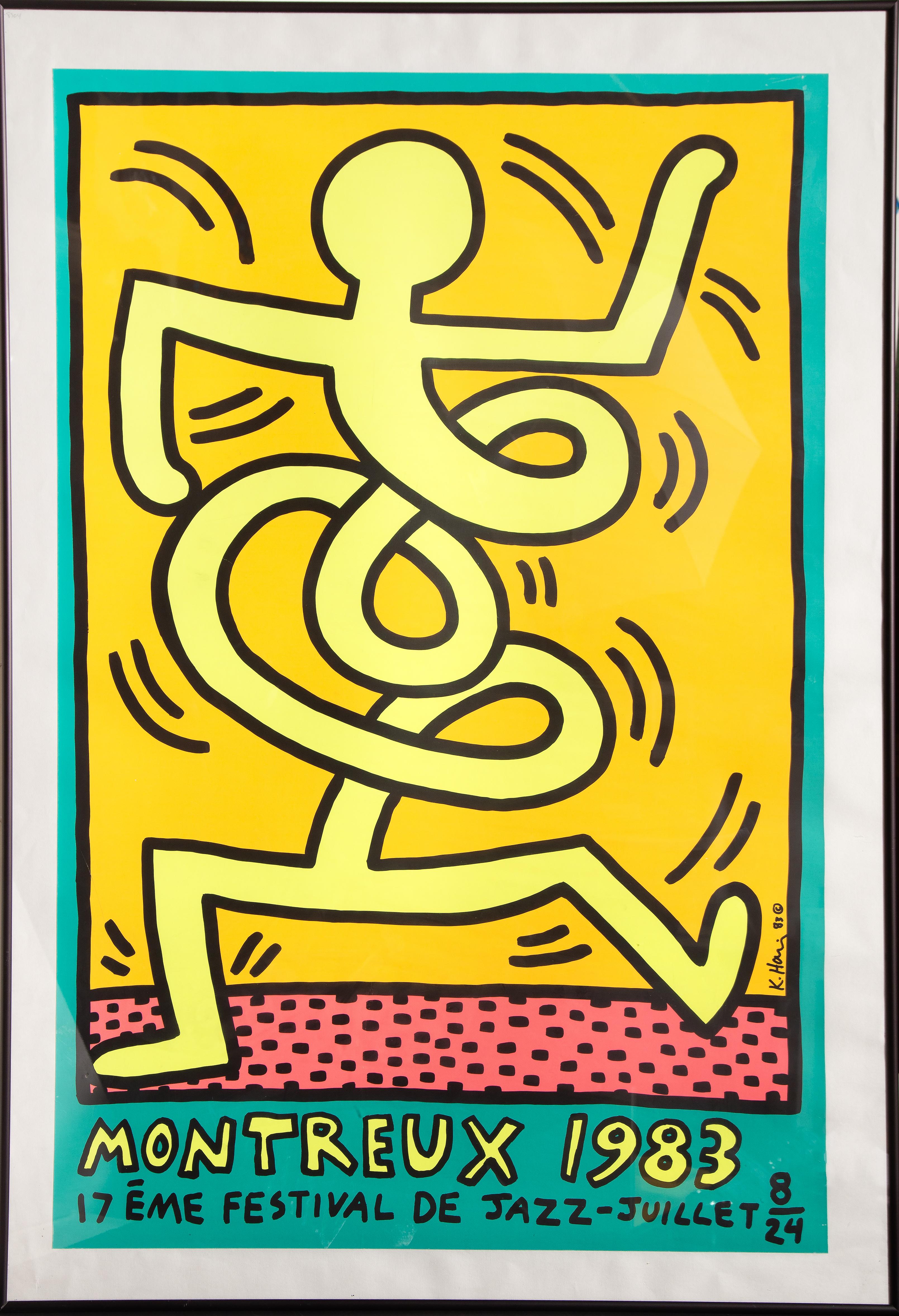 Affiche du 17e festival de jazz de Montreux en 1983. L'affiche a été conçue par l'artiste pop américain Keith Haring pour le festival. L'œuvre est signée et datée dans la plaque et joliment encadrée.

Montreux 1983
Keith Haring, Américain