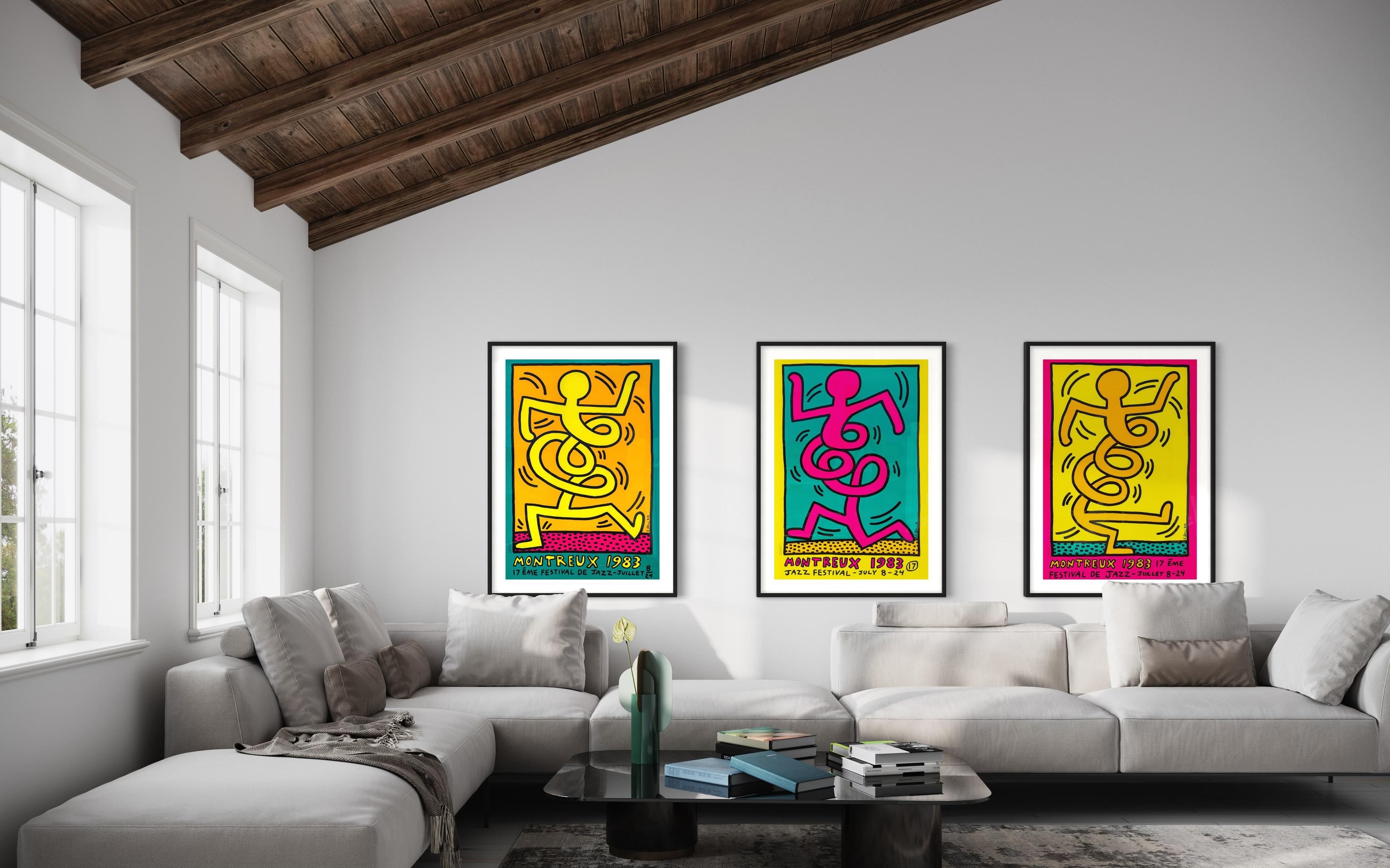 This is a complete set of three screenprints by Keith Haring. The first of these were produced by Keith Haring in 1983 as the official poster for the Montreux Jazz Festival.
The first official exhibition of Keith Haring’s work was held in 1982 at