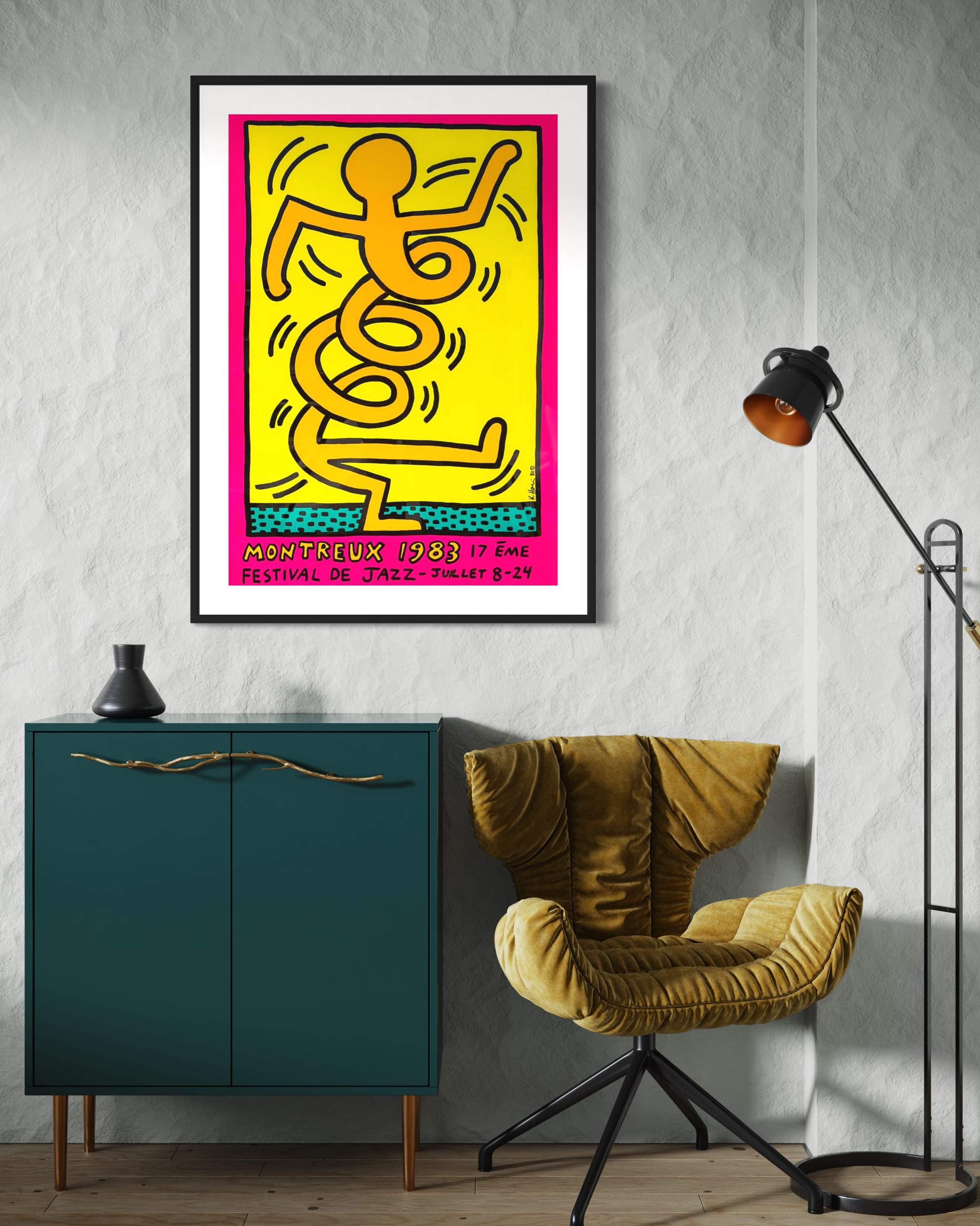 Title: Montreux Jazz Festival 1983 by Keith Haring 1986

Medium: Screenprint in colours on half-matte coated 250 gr paper

Printer: Albin Uldry

Size: 70 x 100 cm (27.6 x 39.4 in)

Signature: Plate signed by Keith Haring 

Open edition

Description: