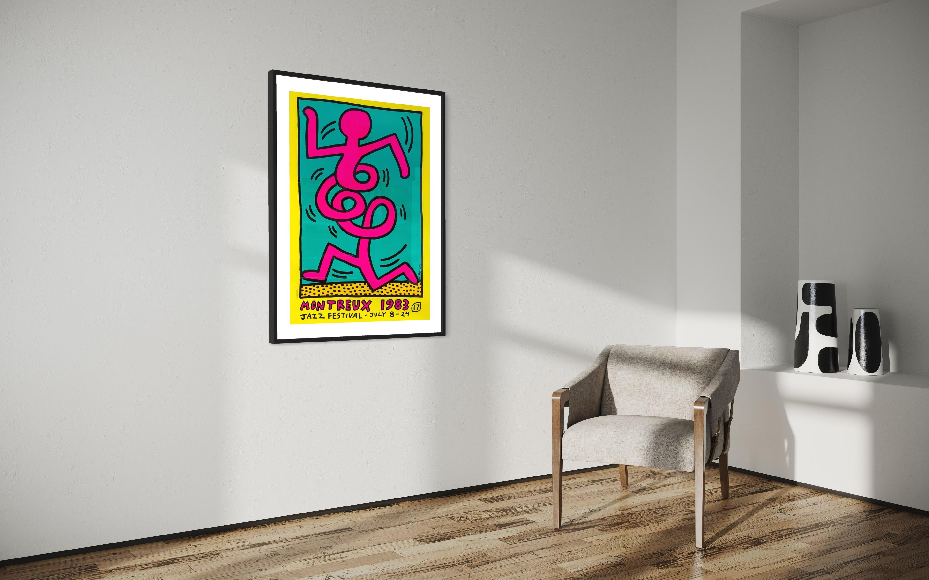 Titel: Montreux Jazz Festival 1983 von Keith Haring 1986

Medium: Farbsiebdruck auf halbmatt gestrichenem 250-Gramm-Papier

Drucker: Albin Uldry

Größe: 70 x 100 cm (27,6 x 39,4 Zoll)

Unterschrift: Platte signiert von Keith Haring 

Offene
