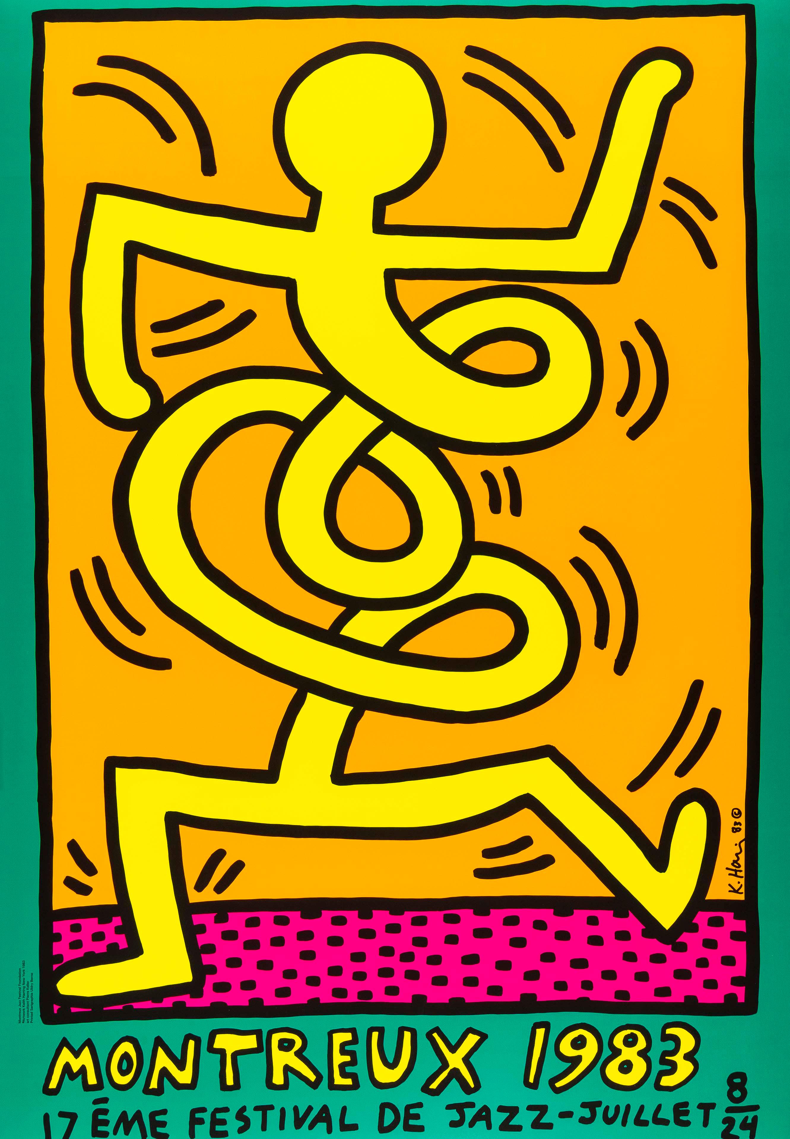 Montreux Jazz Festival, 1983
Keith Haring

Siebdruck in Farben, auf Vlies
Gedruckt bei Serigraphie Uldry Bern, Schweiz
Veröffentlicht für das Montreux Jazz Festival
Blatt:  100 × 70 cm (39.4 × 27.5 in)
Literatur: Döring & Osten 9