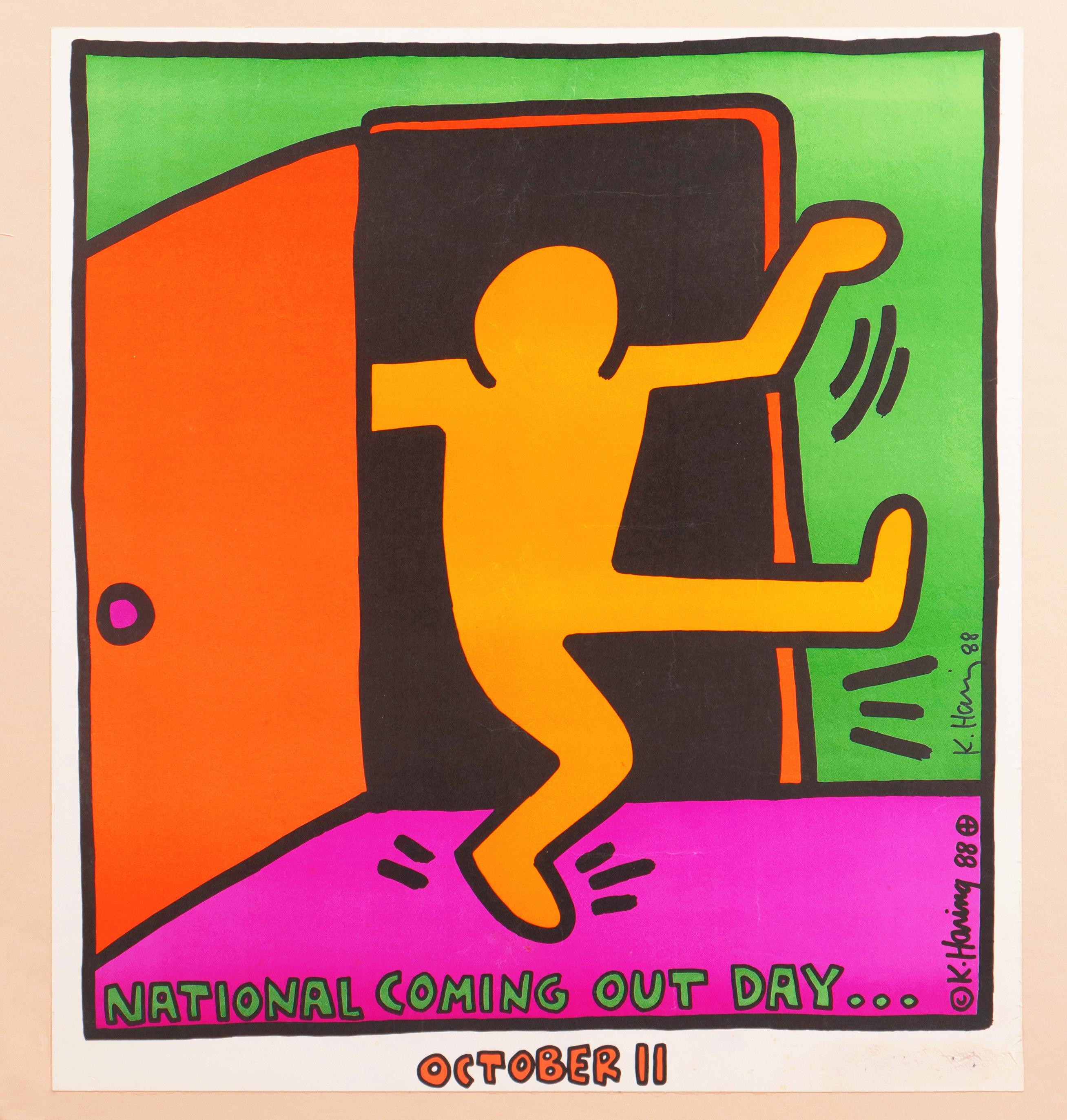 Hand signed by the artist in felt pen, lower right, above printed signature, 'K. Haring' for Keith Haring (American, 1958-1990) and dated 1988.

'National Coming Out Day'. 
Original lithographed poster printed at Pop Shop, New York, under the
