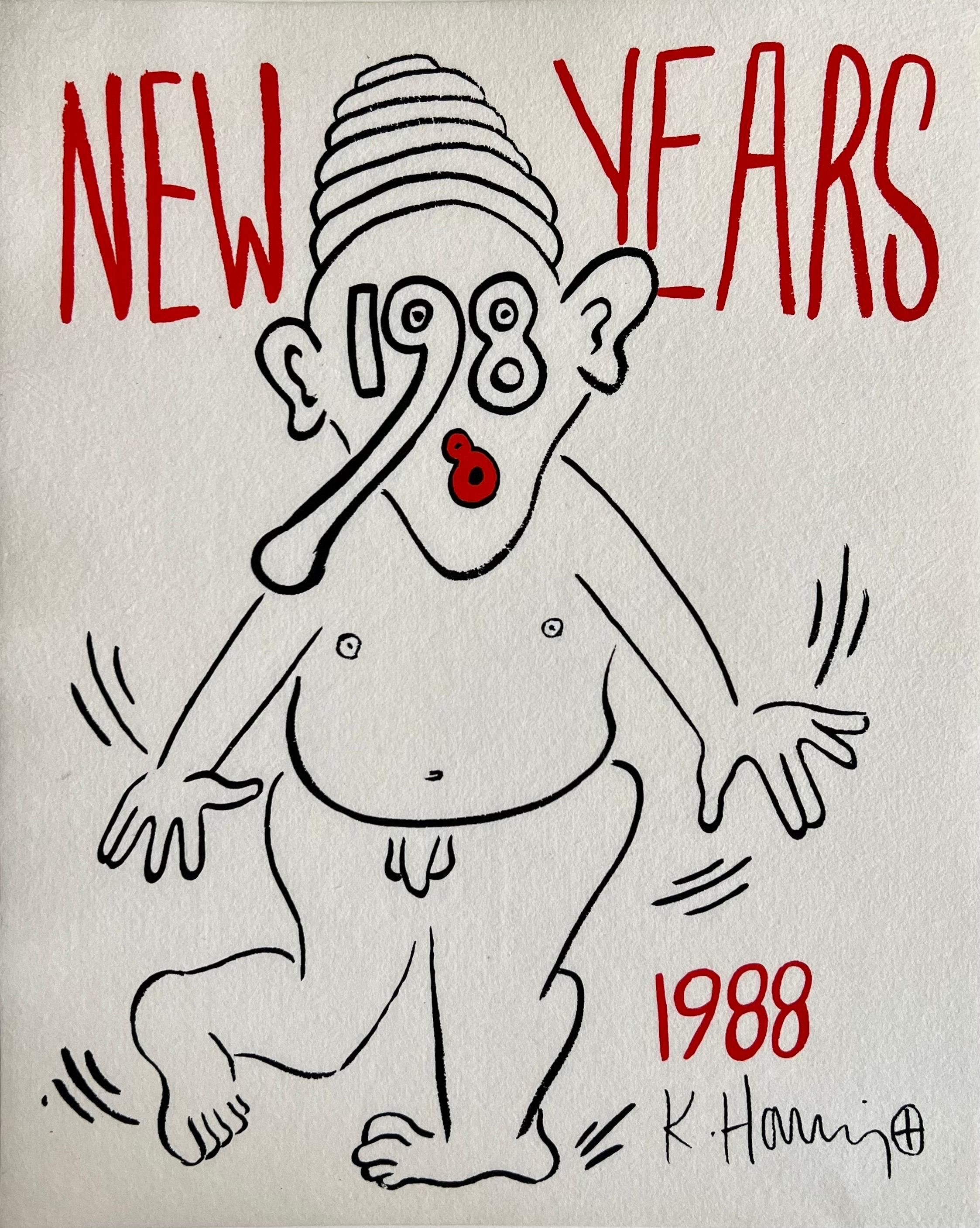 New Years 1988, Keith Haring Pop Art Nude Color Silkscreen Print Invitation For Sale 1