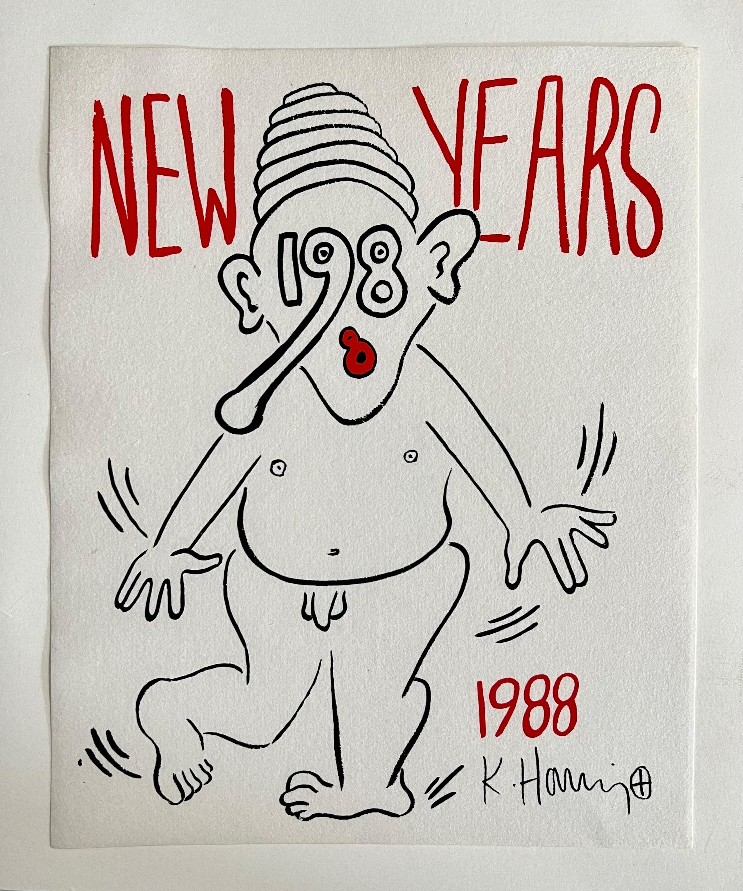 Artist:  Keith Haring, American (1958 - 1990)
Title:  New Year's Invitation 1988
Year:  1988
Medium:  Silkscreen on Paper
Image Size:  11 x 8 inches 
This bears a printed signature. It is not hand signed as issued.
 
Keith Allen Haring (May 4, 1958
