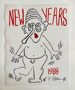 Antique New Years 1988, Keith Haring Pop Art Nude Color Silkscreen Print Invitation