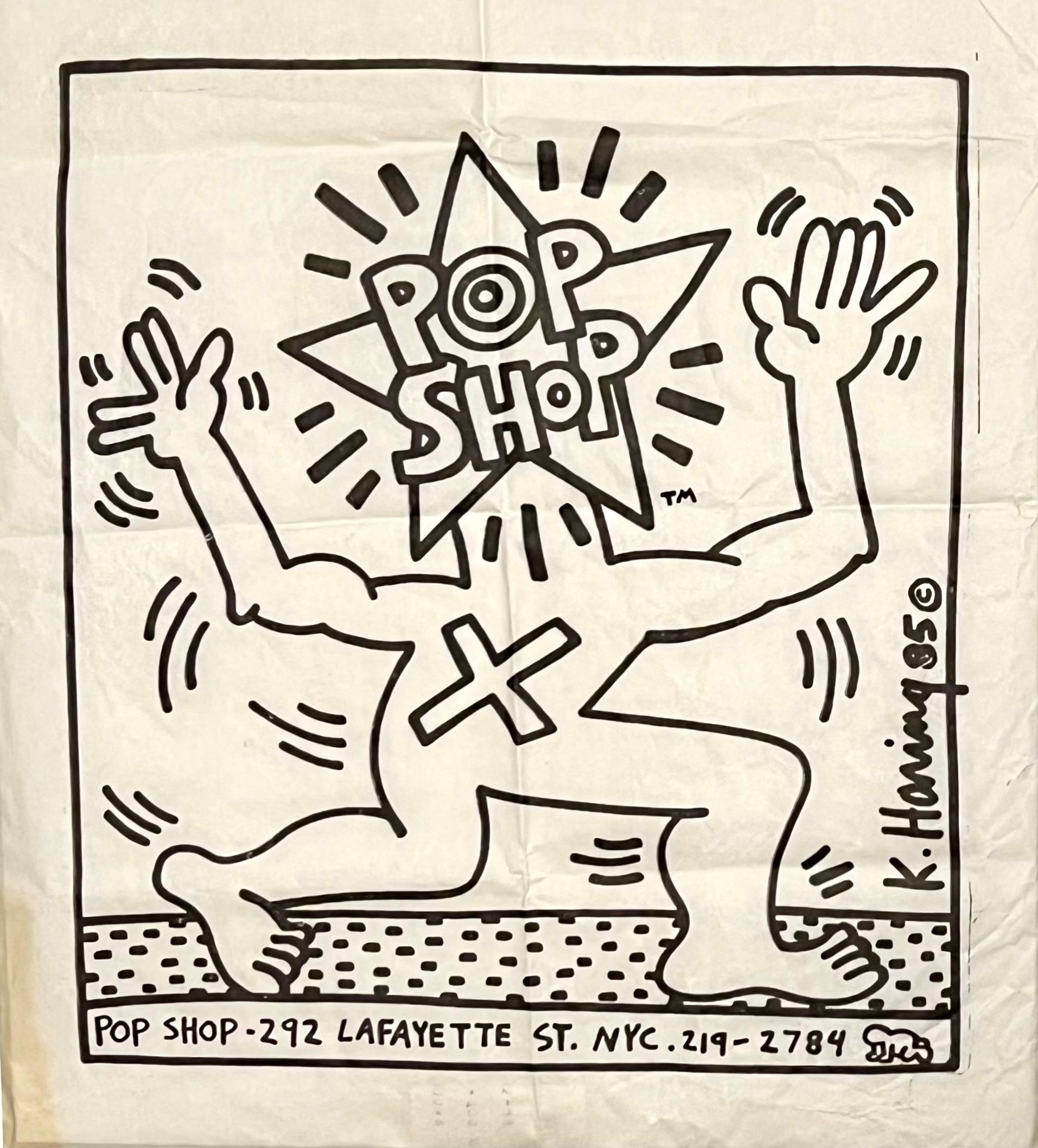 Keith Haring Pop Shop:
Rare larger sized, vintage original Keith Haring 1980s Pop Shop bag designed by Haring for use at his famed New York store. A classic Keith Haring Pop Shop collectible that is well-suited for framing. 

Medium: Offset