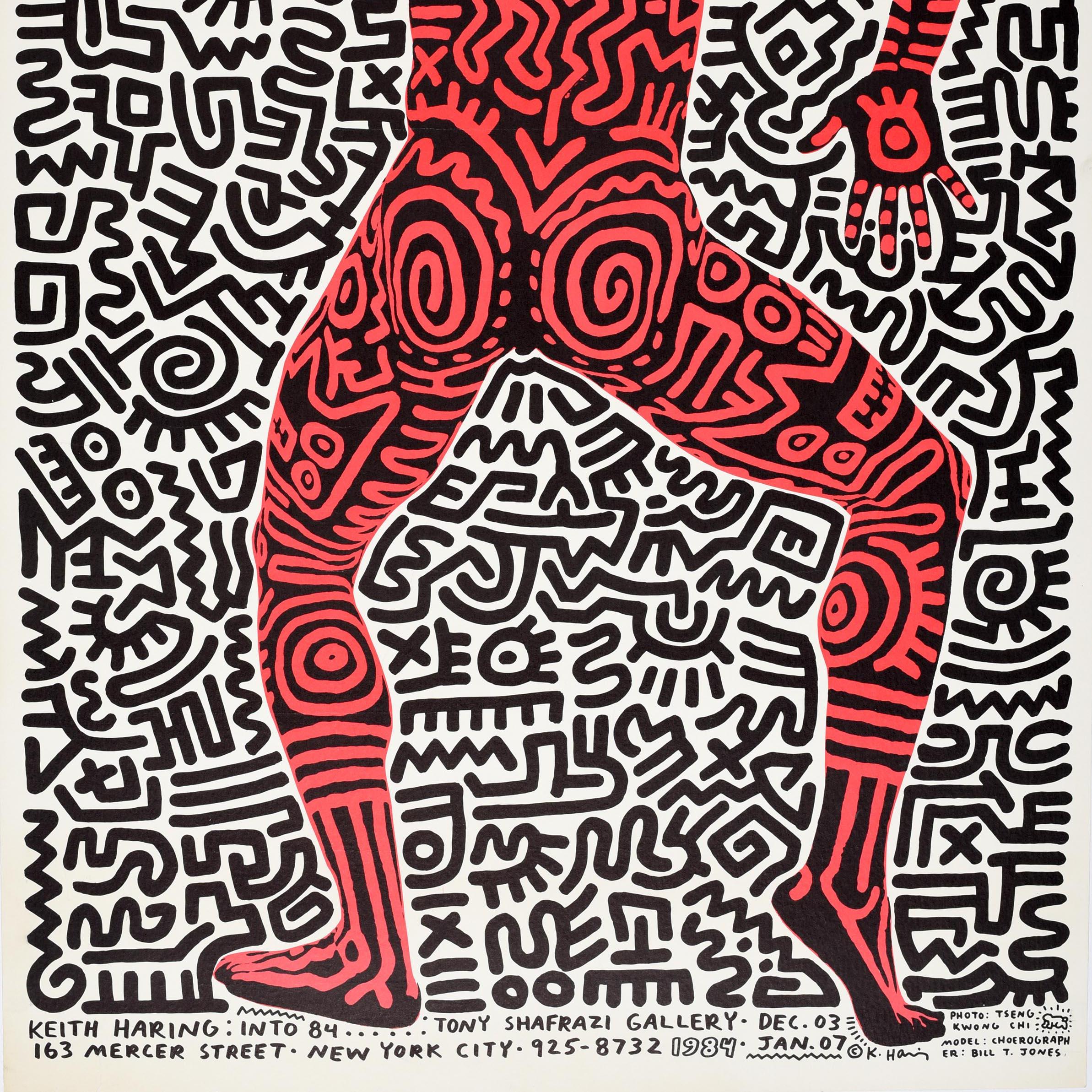 Original vintage advertising poster for a Keith Haring exhibition - Into 84 - held at the Tony Shafrazi Gallery in New York City from 3 December to 7 January. Great design by the American artist and social activist Keith Haring (1958-1990) featuring