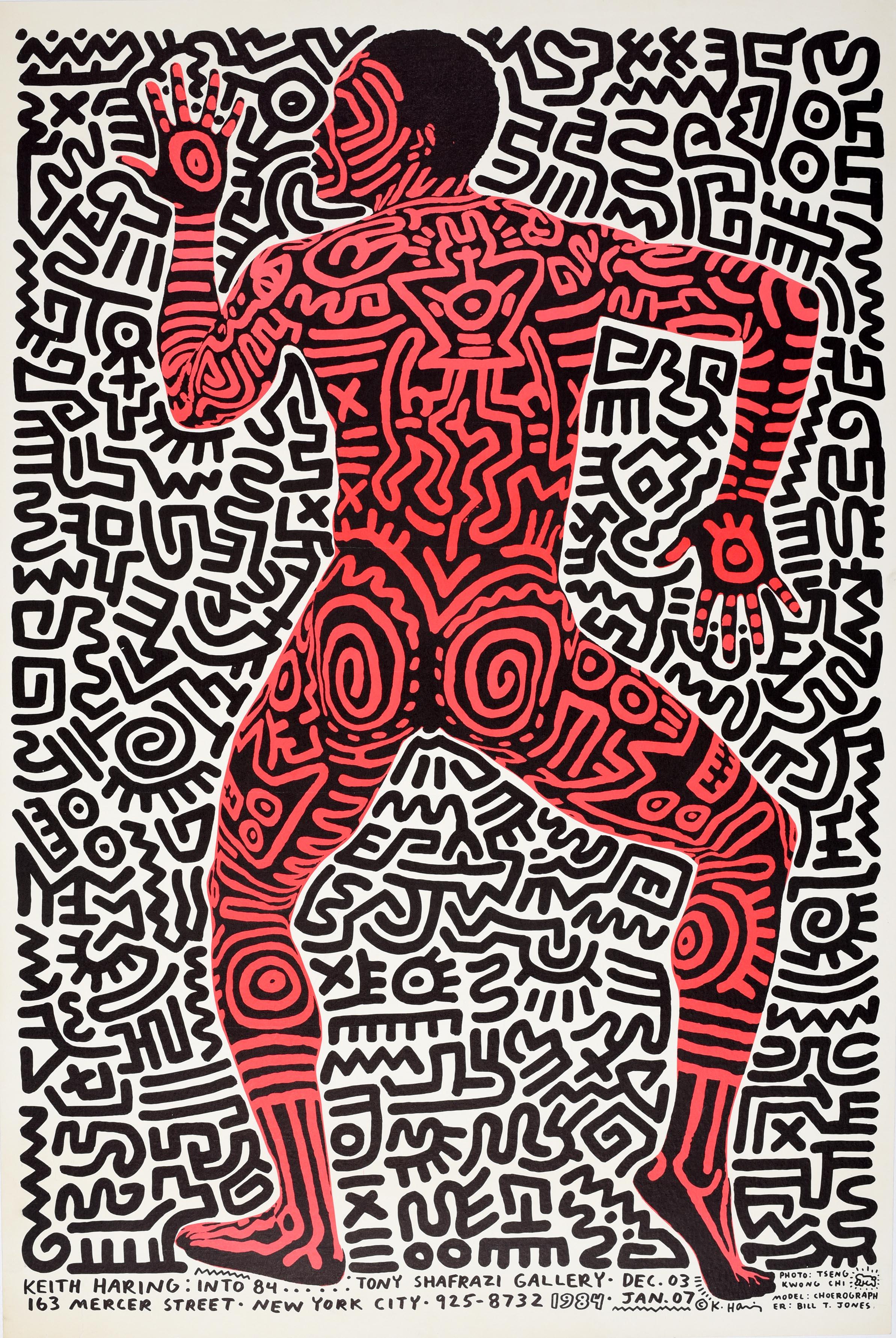 Affiche publicitaire originale d'époque pour une exposition de Keith Haring - Into 84 - tenue à la Tony Shafrazi Gallery à New York du 3 décembre au 7 janvier. Un superbe dessin de l'artiste et activiste social américain Keith Haring (1958-1990)