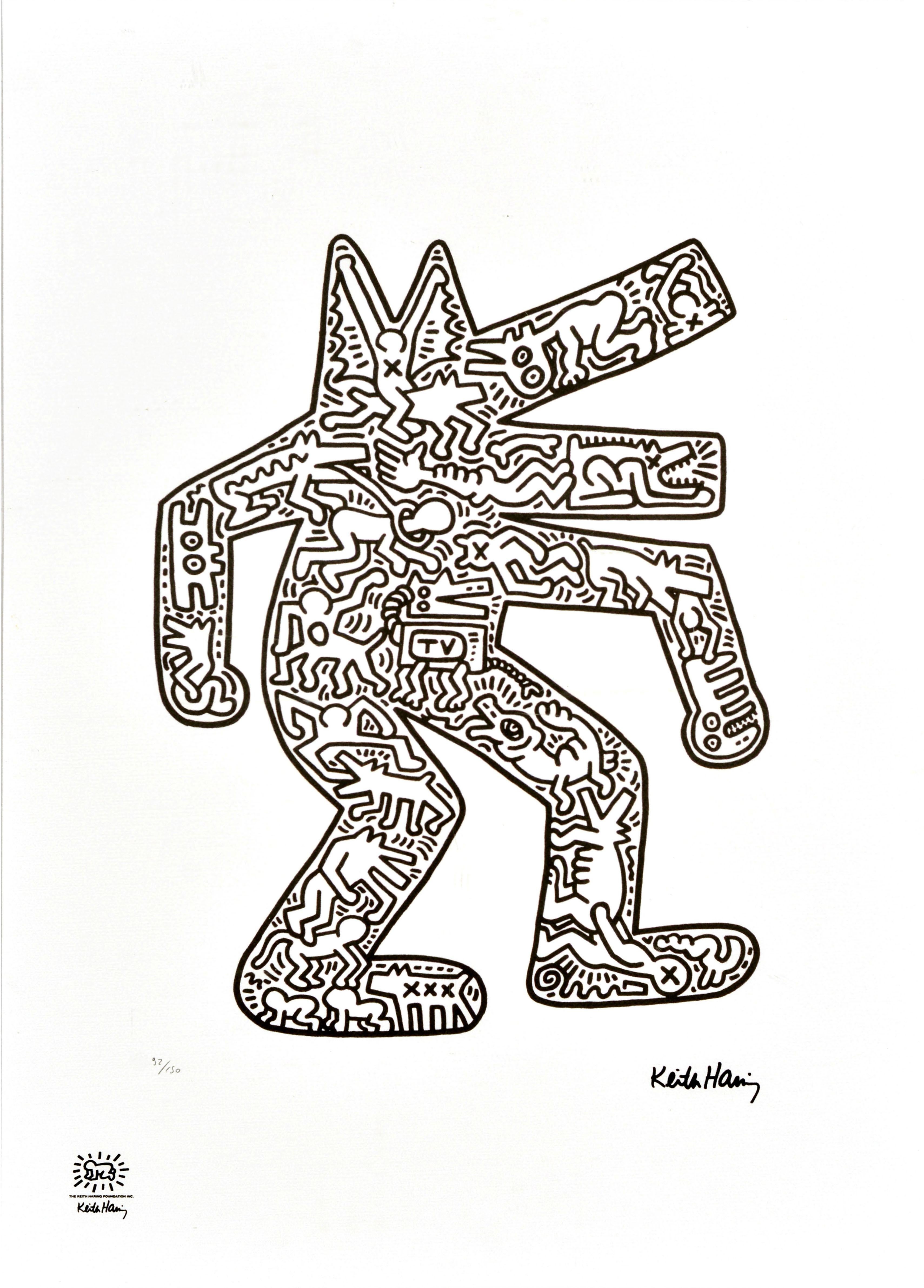 Stampa vintage originale dell'artista e attivista sociale americano Keith Haring (1958-1990) con linee nere decise su sfondo bianco che raffigurano una silhouette di cane che cammina con forme umane e animali, altre creature e una bestia televisiva