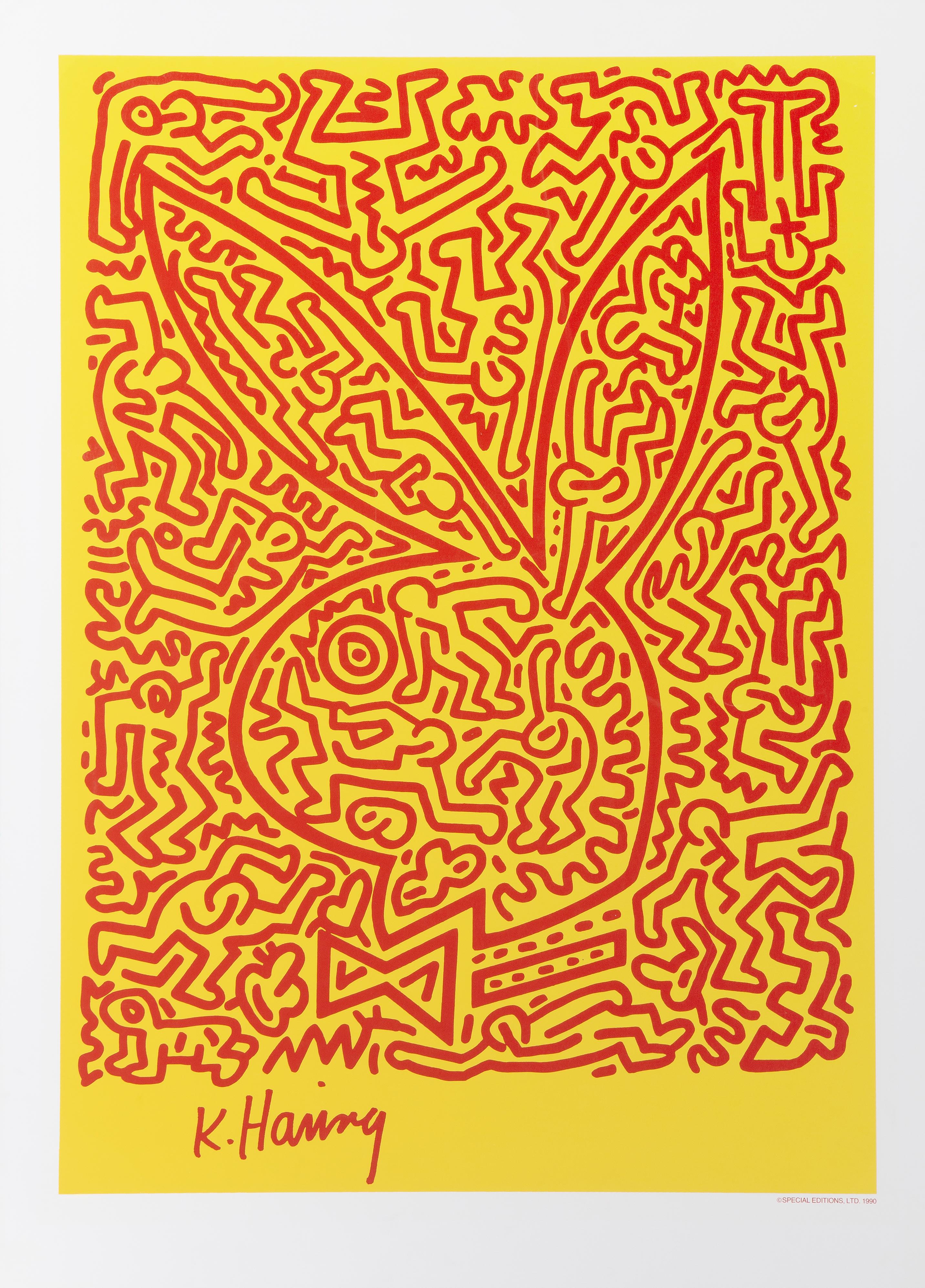 A limited edition silkscreen poster Keith Haring designed for Playboy. This limited edition run of 1000 was published in 1990 by Special Editions Ltd. The signature and date 'K. Haring' is in the printing. The sheet size is 32 x 23 inches and the