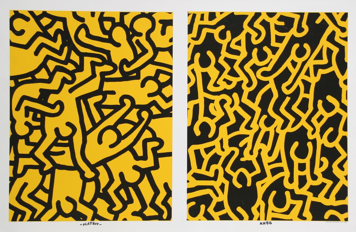 A limited edition silkscreen poster Keith Haring designed for Playboy. This limited edition run of 1000 was published in 1990 by Special Editions Ltd. The signature and date 'KH 86' is in the printing. The sheet size is 26 x 40 inches and the Image