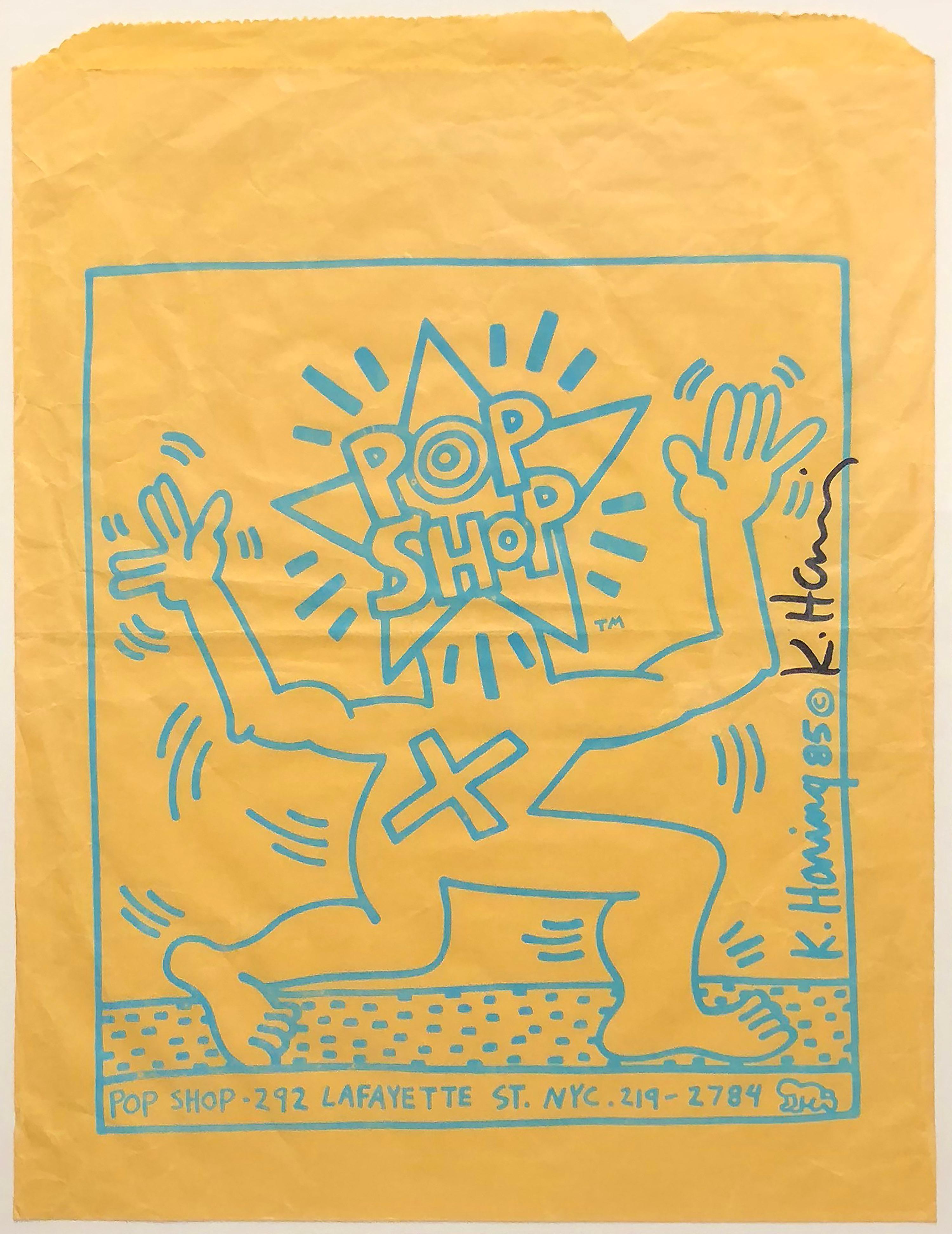Keith Haring Figurative Print - Original Hand-Signed "Pop Shop" Paper Bag From 1985 NYC AIDS Event