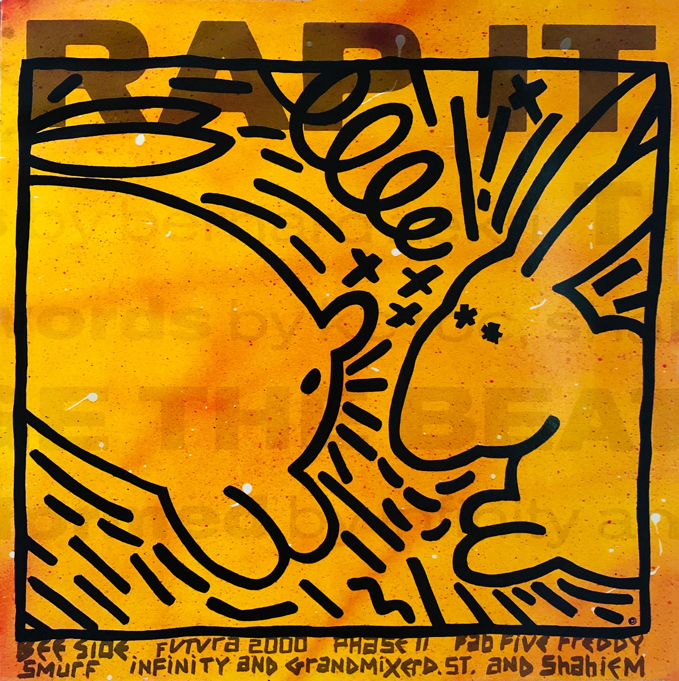 Keith Haring 'Rap It' record art 1983:
A rare vinyl art cover featuring original artwork by Keith Haring and Futura 2000 (reverse side). Truly vibrant colors that make for stand-out wall art. Looks very cool framed. 

In 1983 Material did some