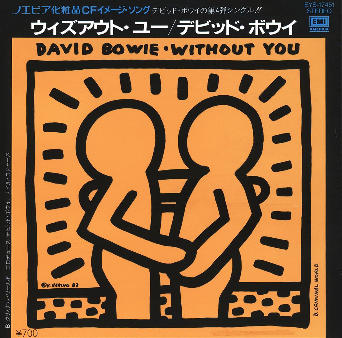 Keith Haring record art 1983:
David BOWIE "Without You" A Rare Highly Sought After Vinyl Art Cover featuring Original Artwork by Keith Haring. Rare Japan 1st Pressing 1983 accompanied by its original record album:

Medium: Off-Set Lithograph.