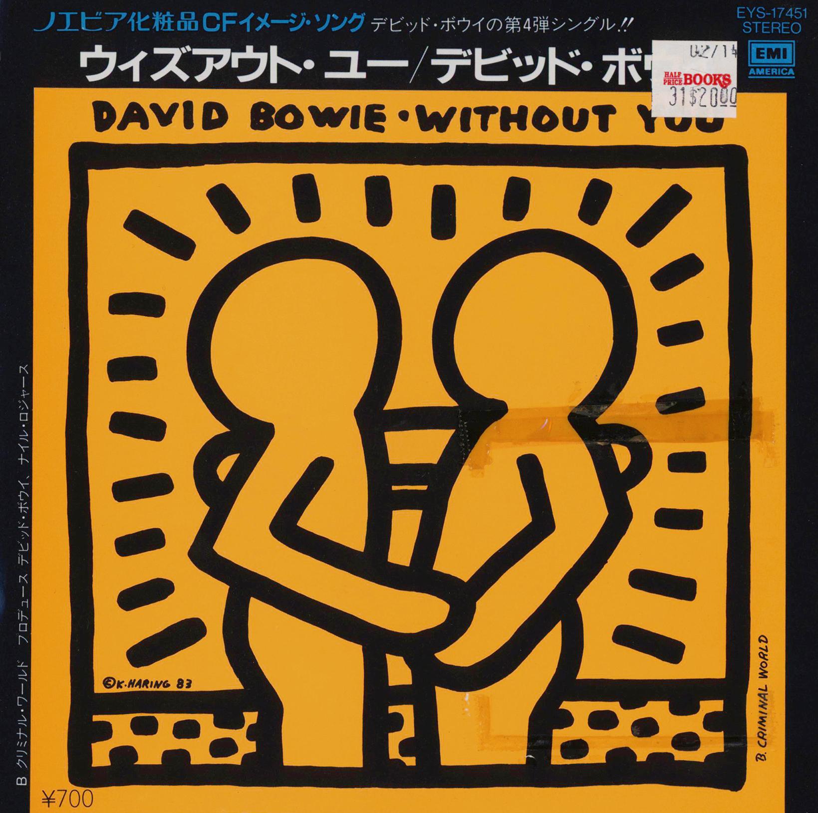 David BOWIE "Without You" A Rare Highly Sought After Vinyl Art Cover featuring Original Artwork by Keith Haring. Rare Japan 1st Pressing 1983:

Medium: Off-Set Lithograph. Dimensions: 7 x 7 inches
Plate signed on lower left & dated K. Haring