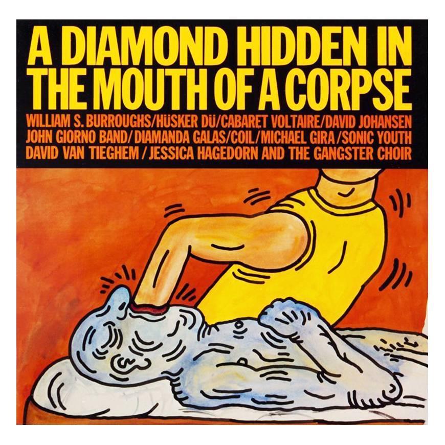 Vintage Keith Haring record art:
“A Diamond Hidden in the Mouth of a Corpse,” a rare 1980's vinyl art cover featuring original artwork by Keith Haring. 

In addition to the front and back cover art by Haring, this work contains a foldout interior