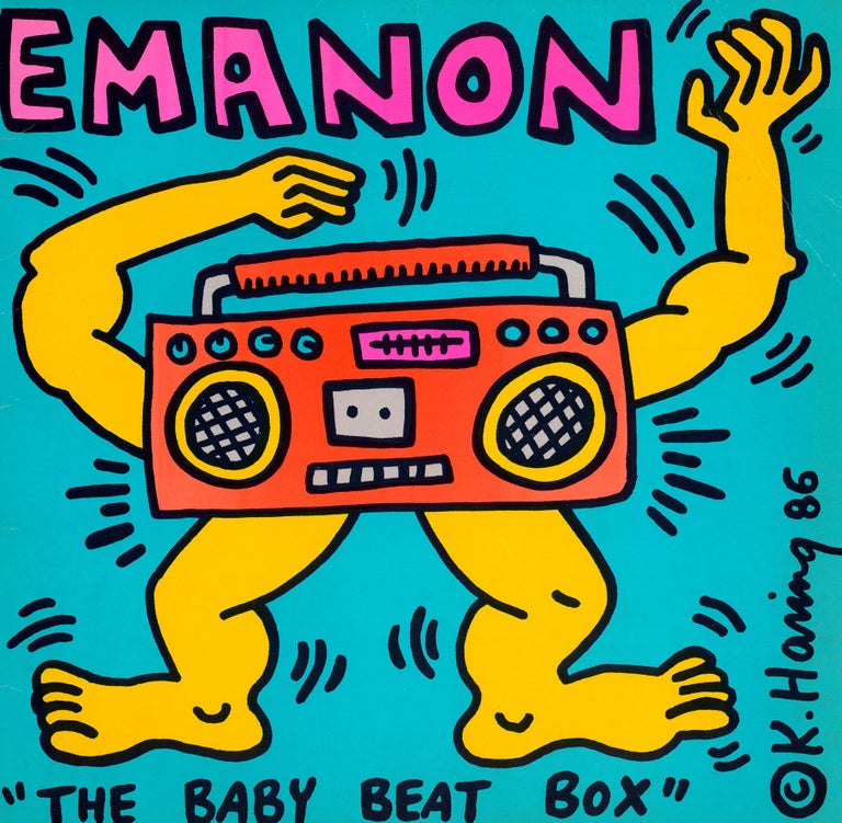 Original 1980s Keith Haring Record Art: Keith Haring 'The Baby Beat Box' 1986:

Rare highly sought after 1980s Keith Haring record album art featuring a Haring boombox man, a bold Keith Haring printed signature and vibrant colors that make for
