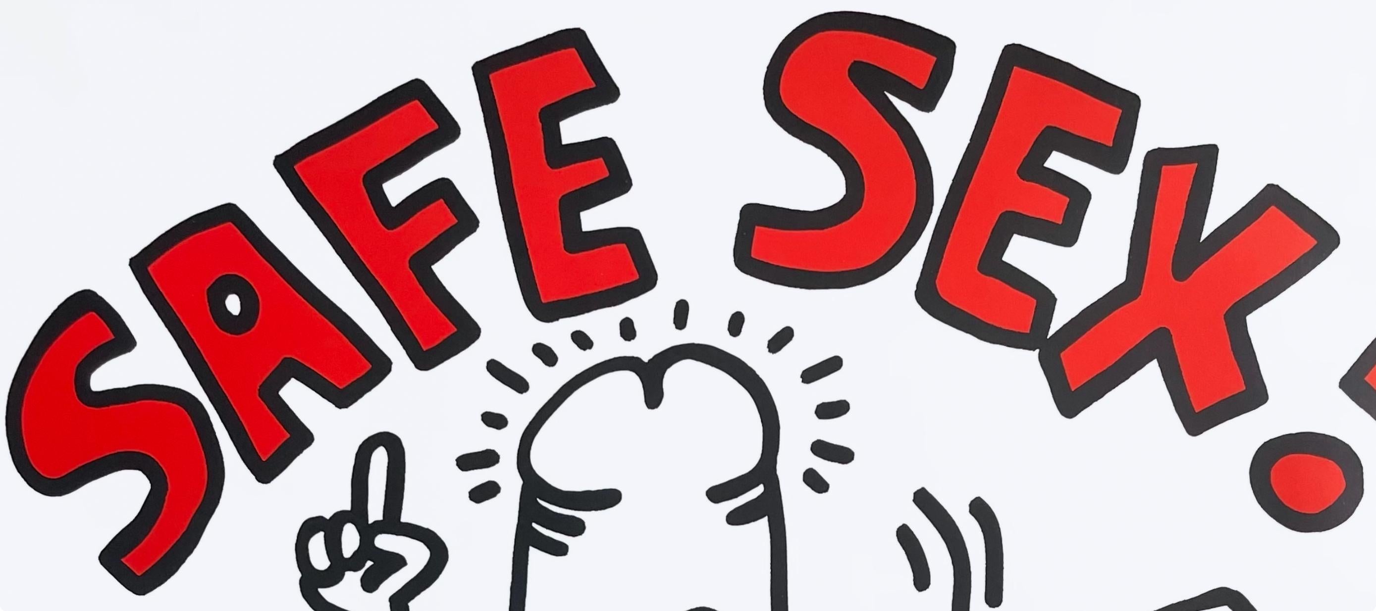 Artist: Keith Haring (1958-1990)
Title: Safe Sex! (Döring & Osten 60)
Year: 1987-88
Medium: Offset lithograph on archival gloss paper, archivally mounted on rice paper
Size: 29.52 x 27.36 inches
Inscription: Hand signed and dated in felt-marker,