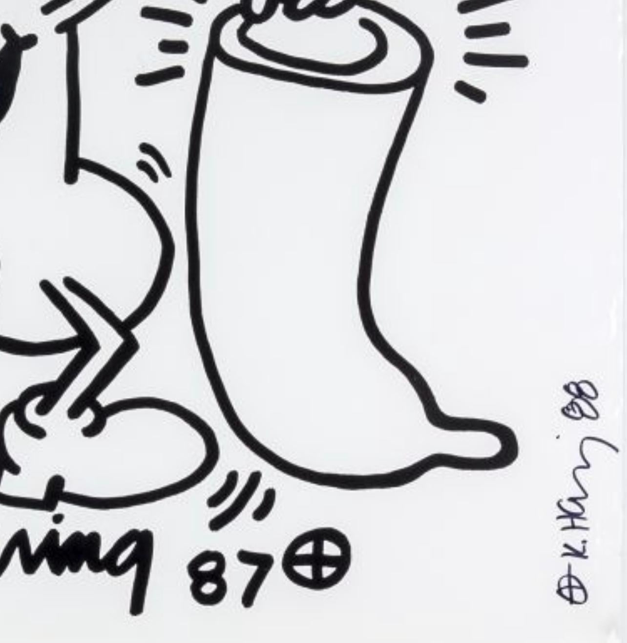 Artist: Keith Haring (1958-1990)
Title: Safe Sex! (Gundel 60)
Year: 1987-1988
Medium: Offset lithograph on paper mounted on rice paper
Size: 29.52 x 27.36 inches
Condition: Very good condition
Inscription: Hand signed and dated in felt-marker, right