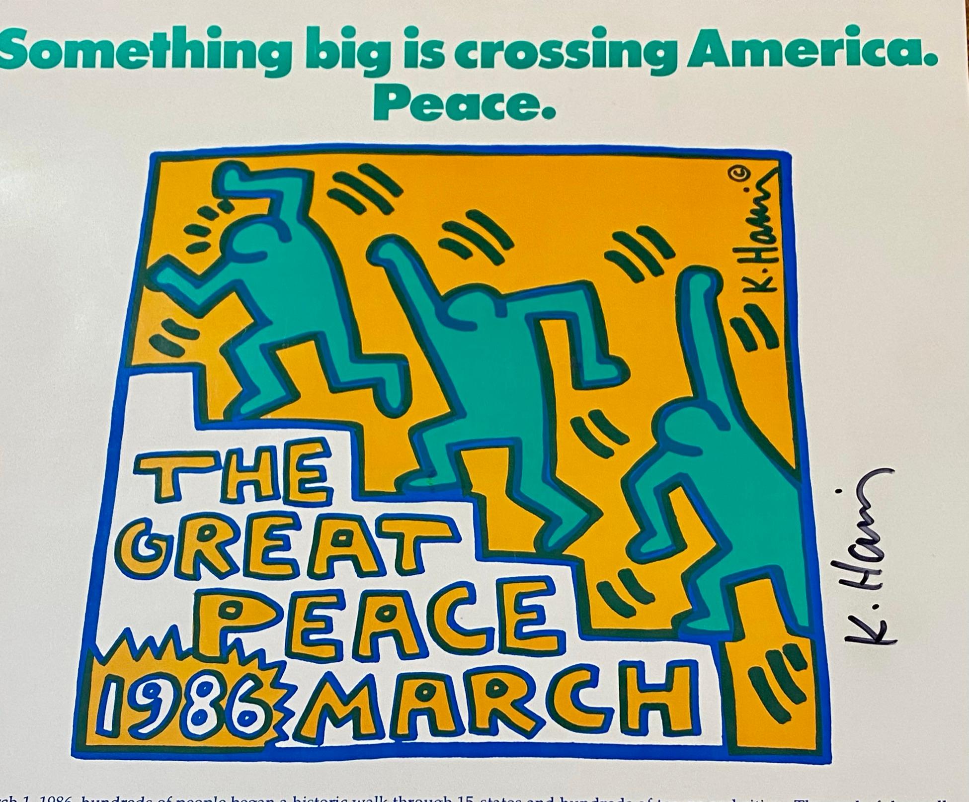 Signed Keith Haring, The Great Peace March 1986:

Keith Haring designed this poster for the anti-nuclear demonstrations held throughout the U.S. during 1986. Hand signed by Haring in black marker in the mid lower right.

Off-set lithograph.
17 x 21