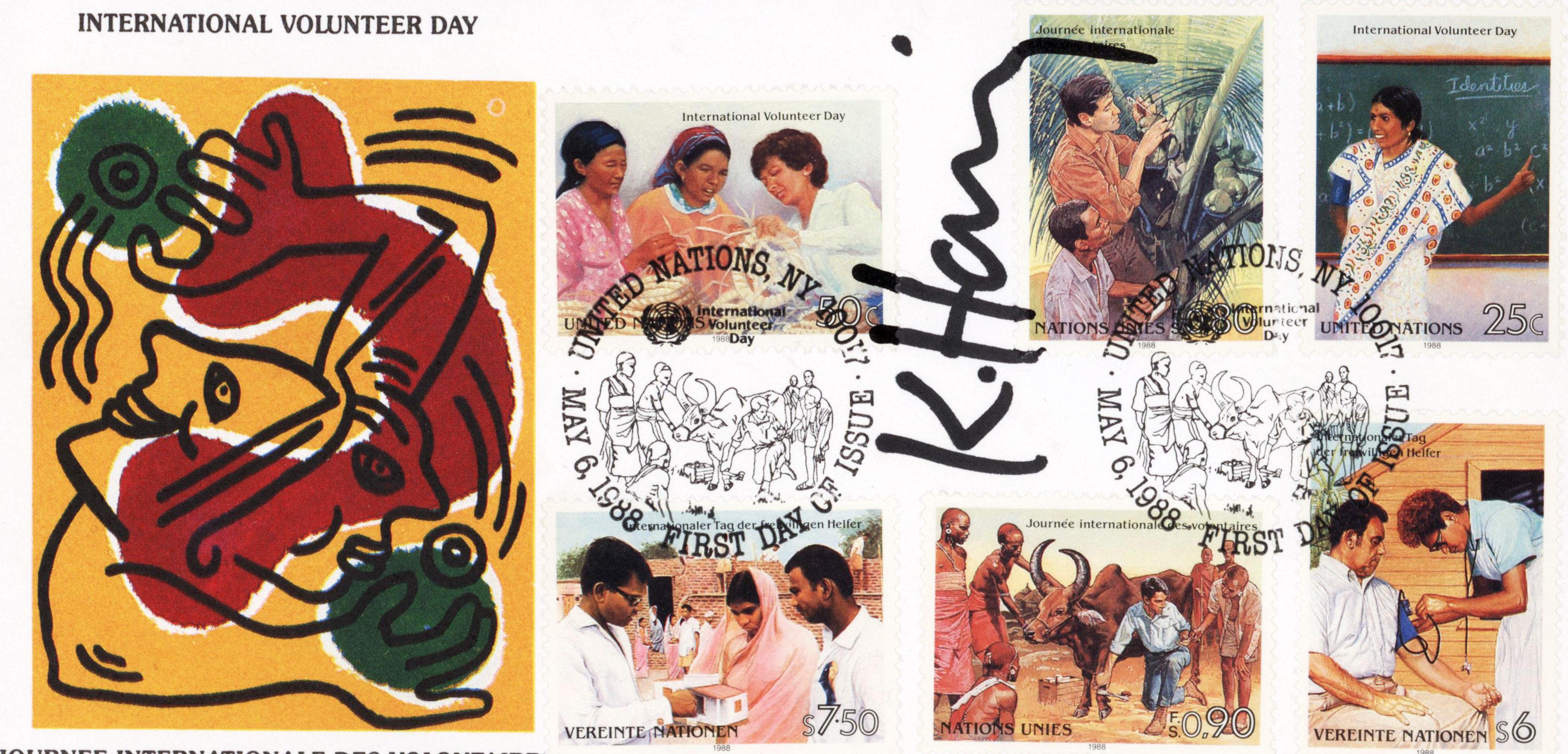 Keith Haring International Volunteer Day 1988:
A rare example featuring a well-preserved, bold black-marker signature by Keith Haring. 